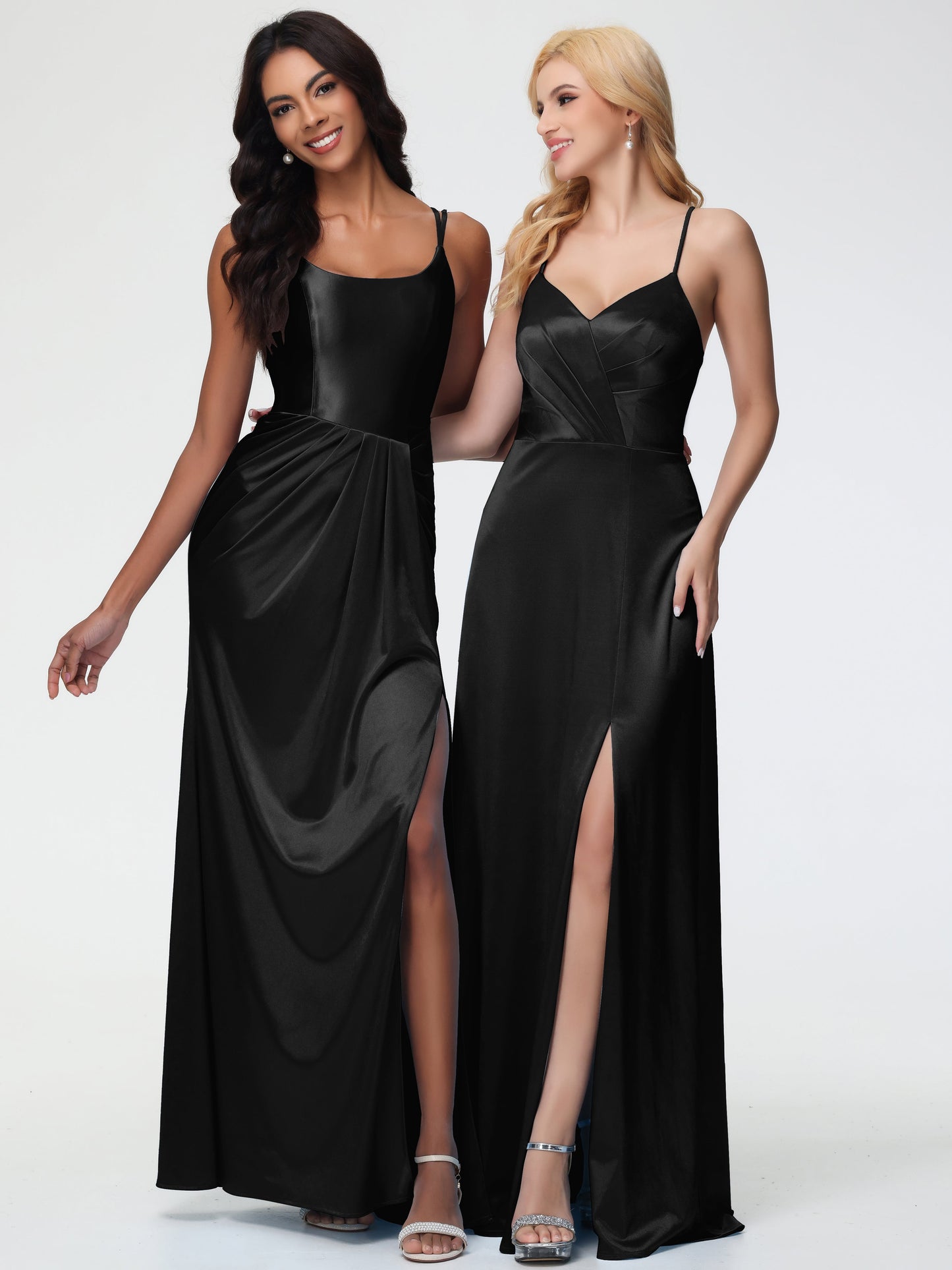 Stretch Satin Black Bridesmaid Dresses Spaghetti Straps V-Neck Pleated Open Back Stretch Satin Bridesmaid Dress With Slit