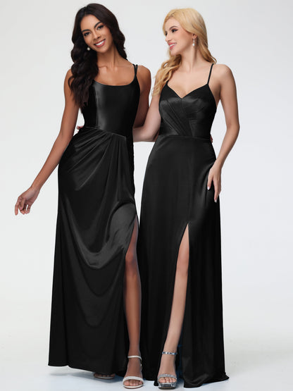 Stretch Satin Black Bridesmaid Dresses Spaghetti Straps V-Neck Pleated Open Back Stretch Satin Bridesmaid Dress With Slit