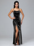 Spaghetti Straps Lace Up Velvet Bridesmaid Dress With Slit