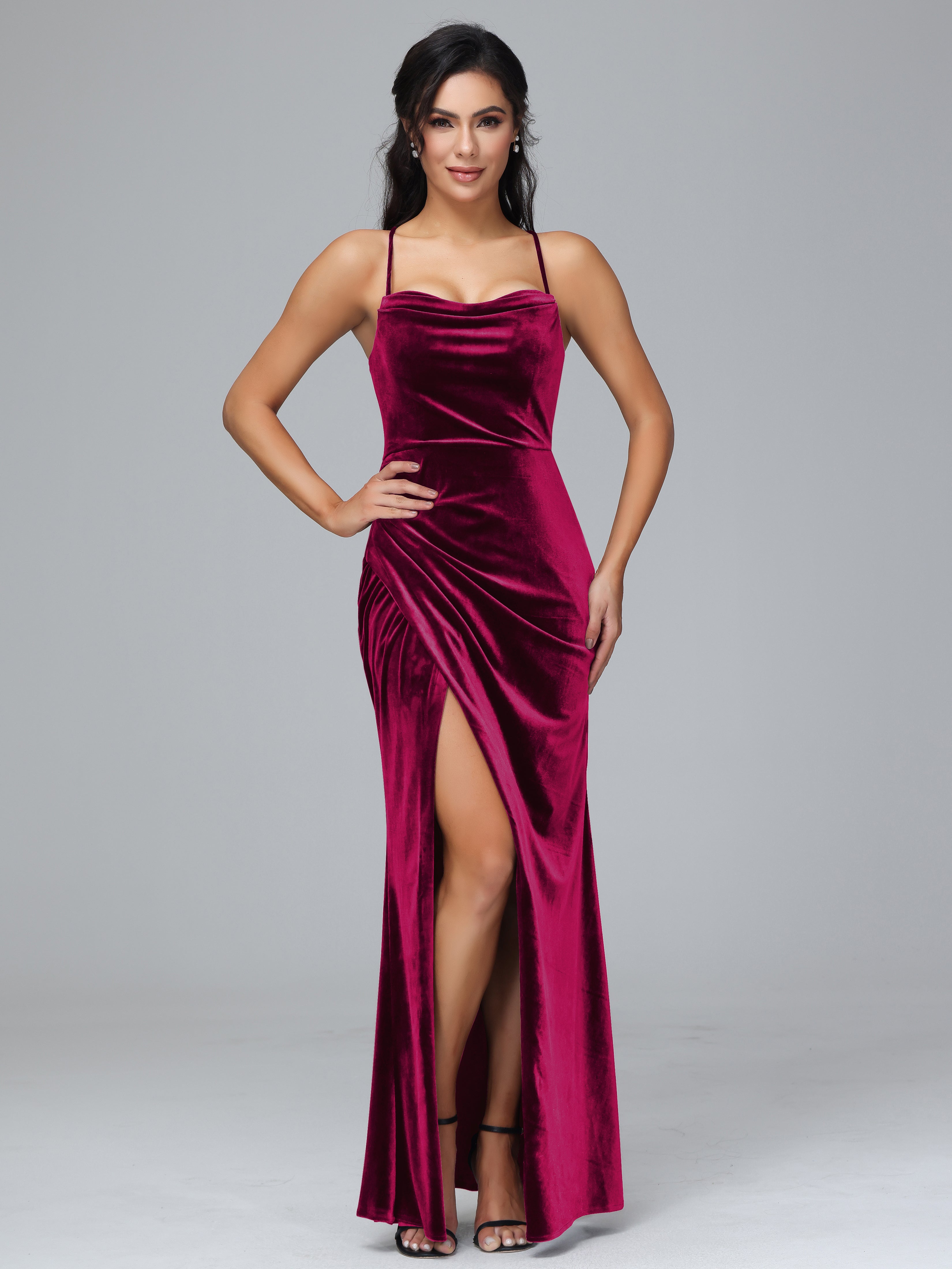 Spaghetti Straps Lace Up Plus Size Velvet Bridesmaid Dress With Slit