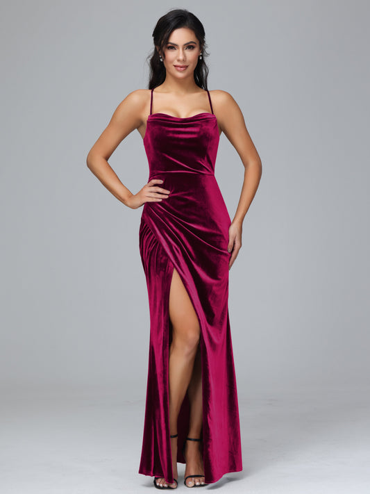 Spaghetti Straps Lace Up Plus Size Velvet Bridesmaid Dress With Slit