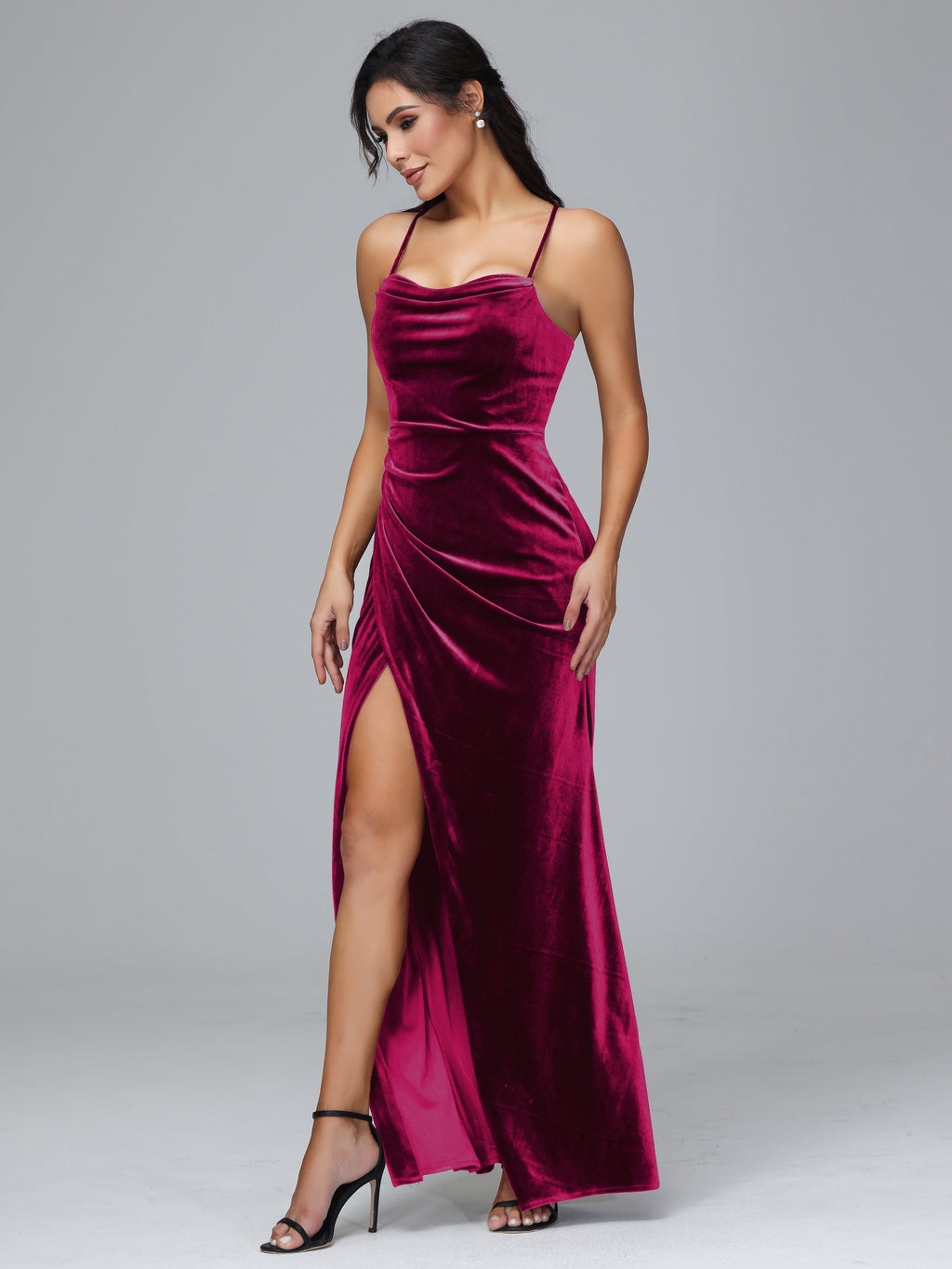 Spaghetti Straps Lace Up Velvet Bridesmaid Dress With Slit