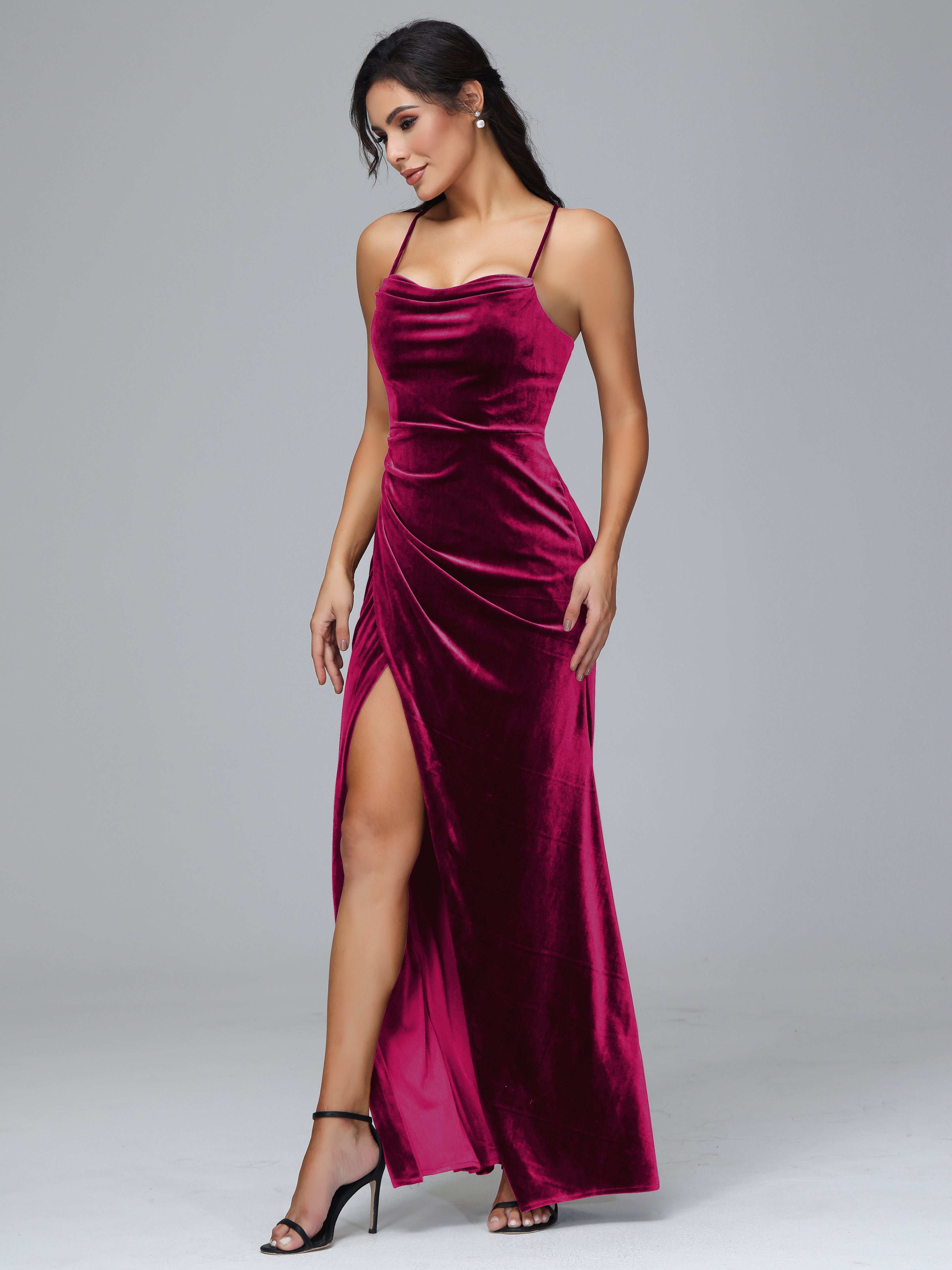 Spaghetti Straps Lace Up Velvet Bridesmaid Dress With Slit