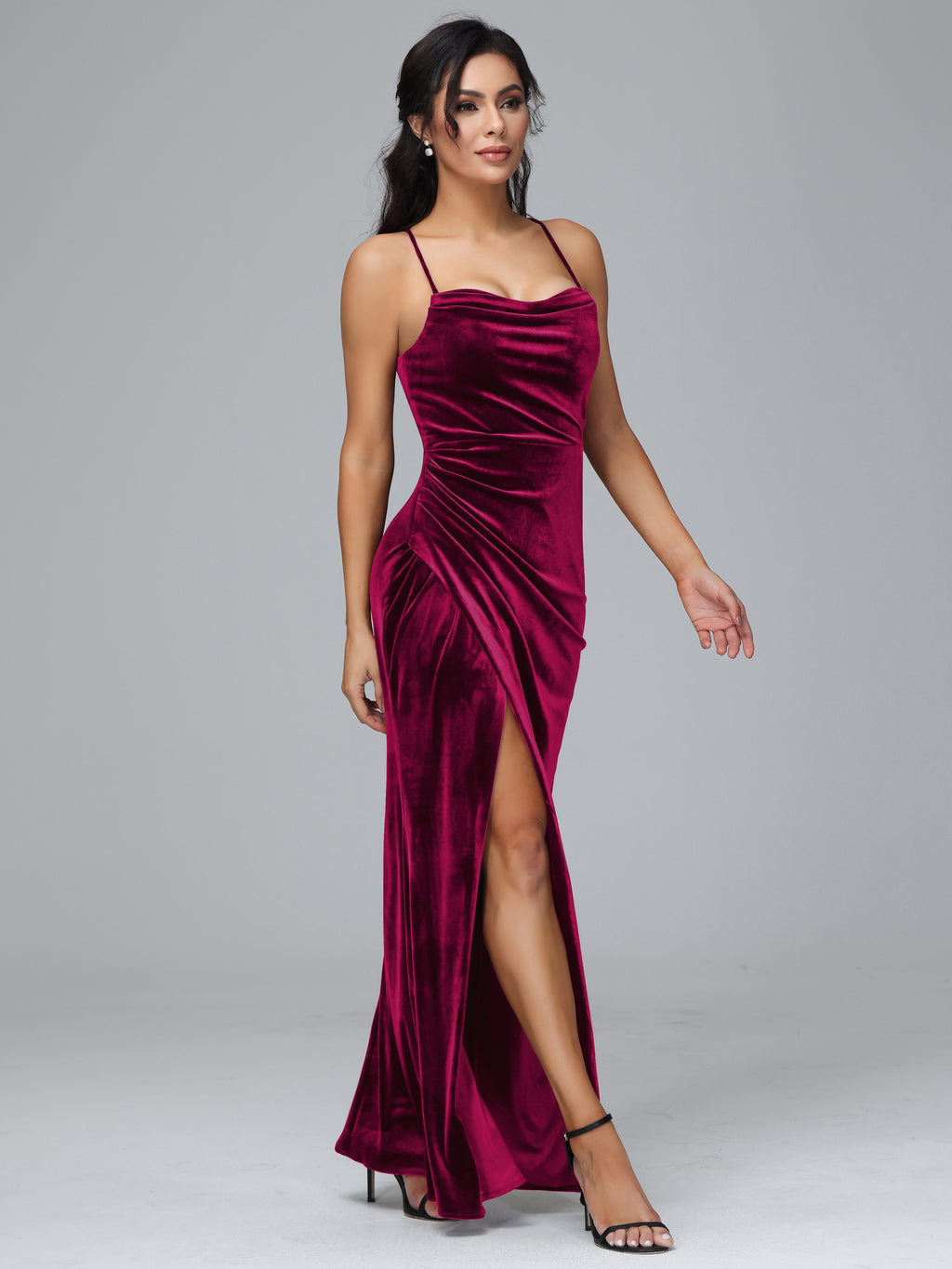Spaghetti Straps Lace Up Plus Size Velvet Bridesmaid Dress With Slit