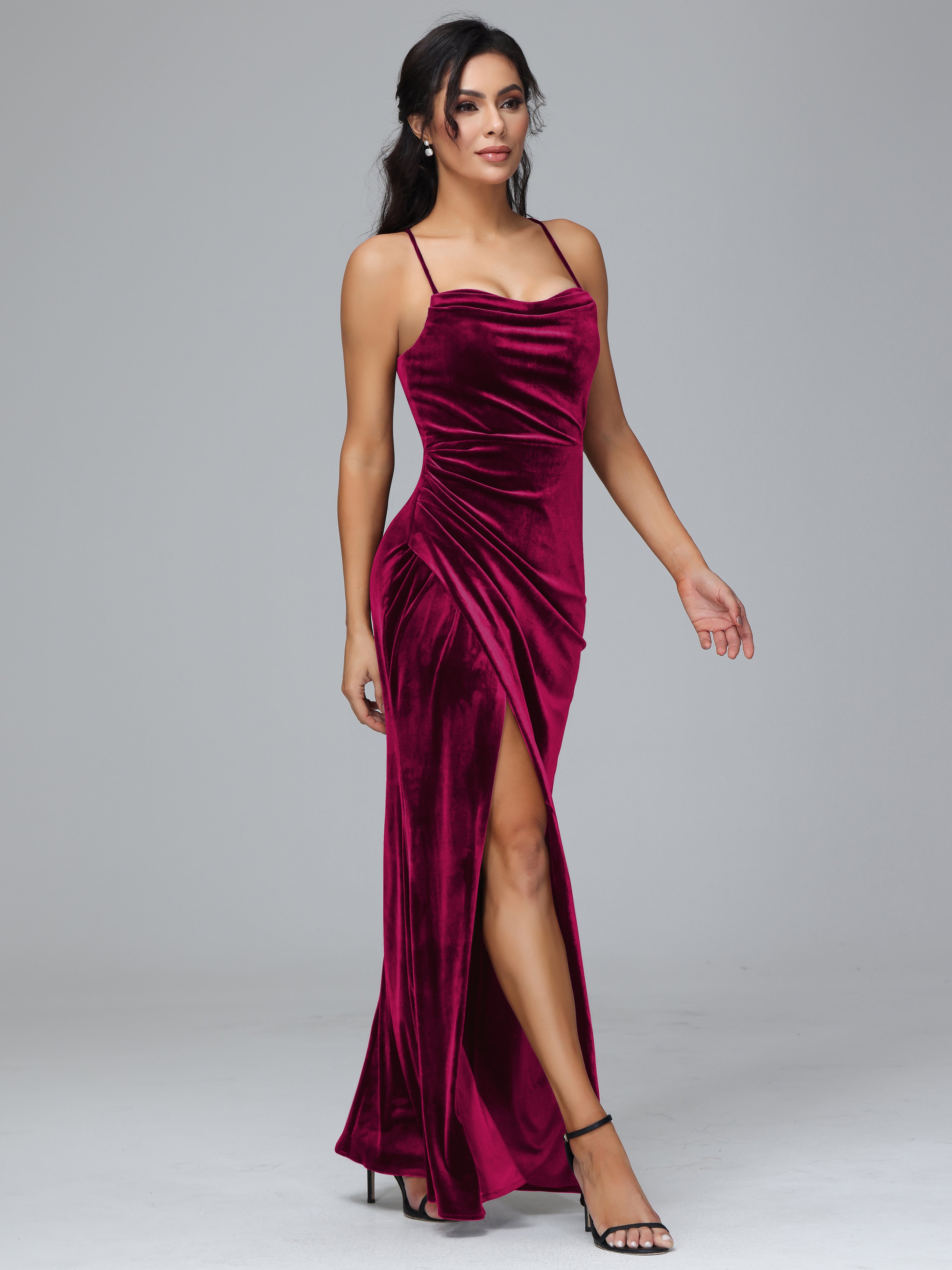 Spaghetti Straps Lace Up Plus Size Velvet Bridesmaid Dress With Slit