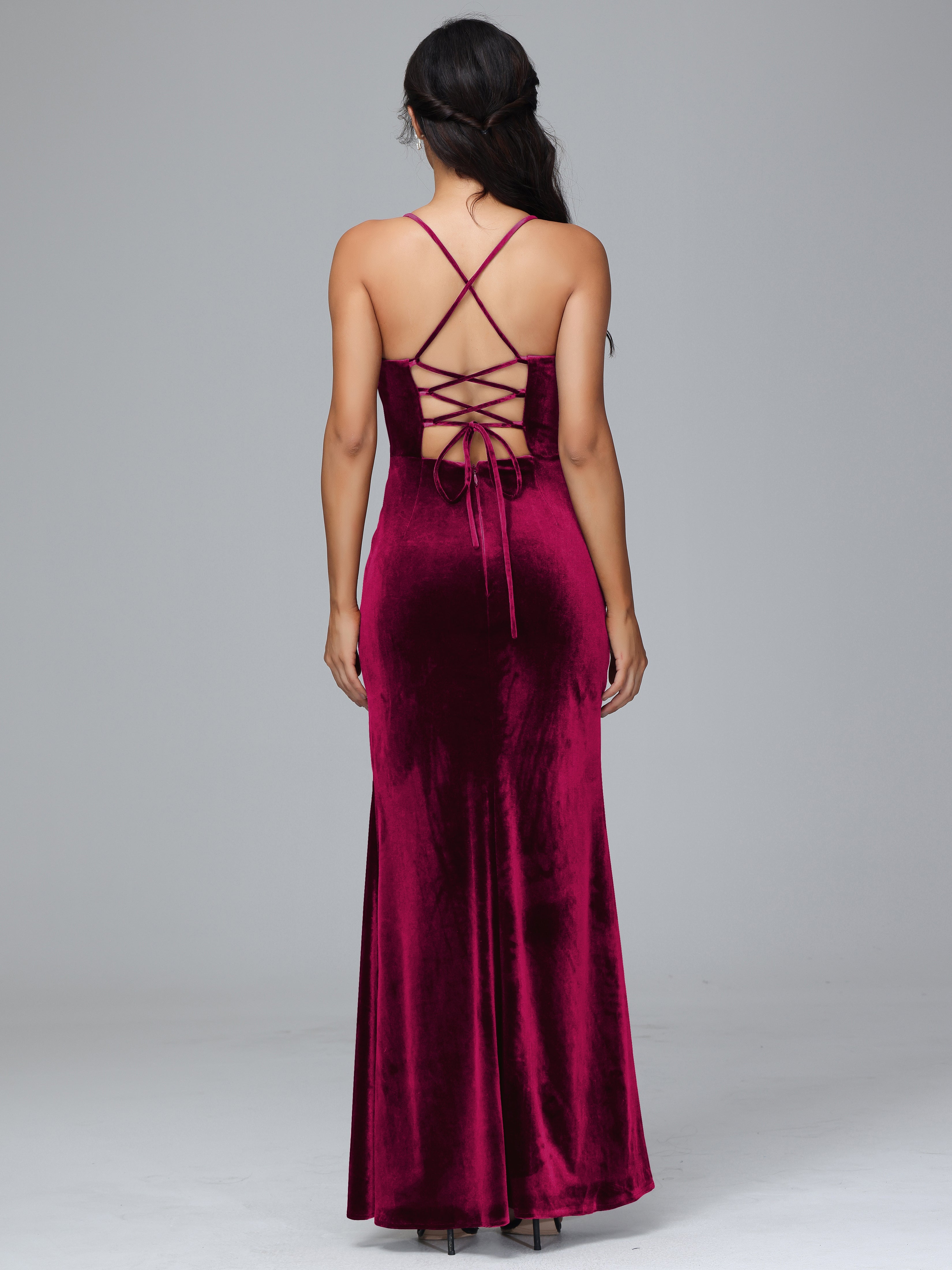 Spaghetti Straps Lace Up Velvet Bridesmaid Dress With Slit