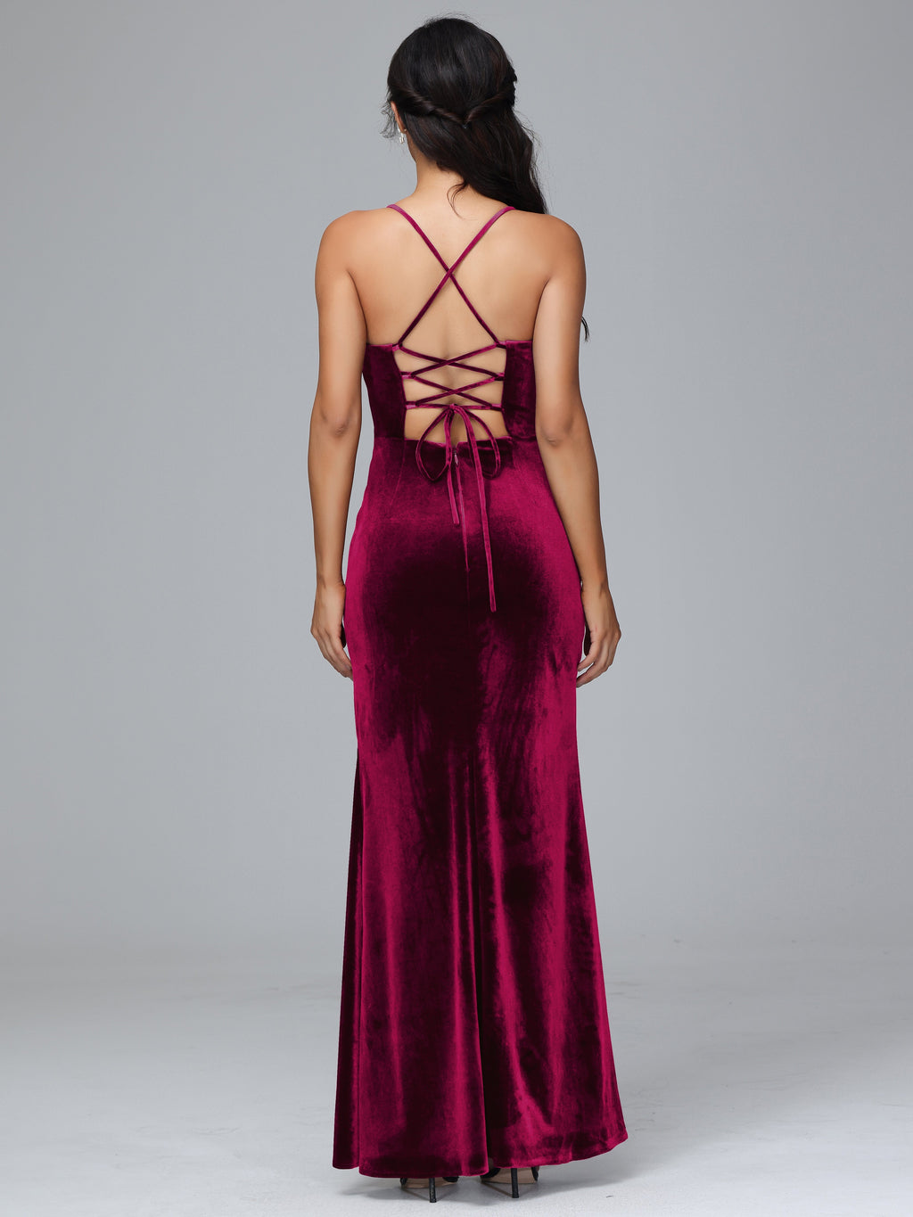 Spaghetti Straps Lace Up Plus Size Velvet Bridesmaid Dress With Slit
