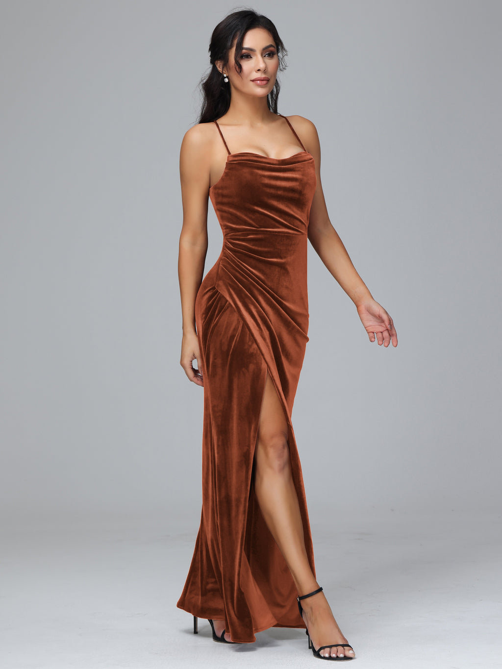 Spaghetti Straps Lace Up Plus Size Velvet Bridesmaid Dress With Slit