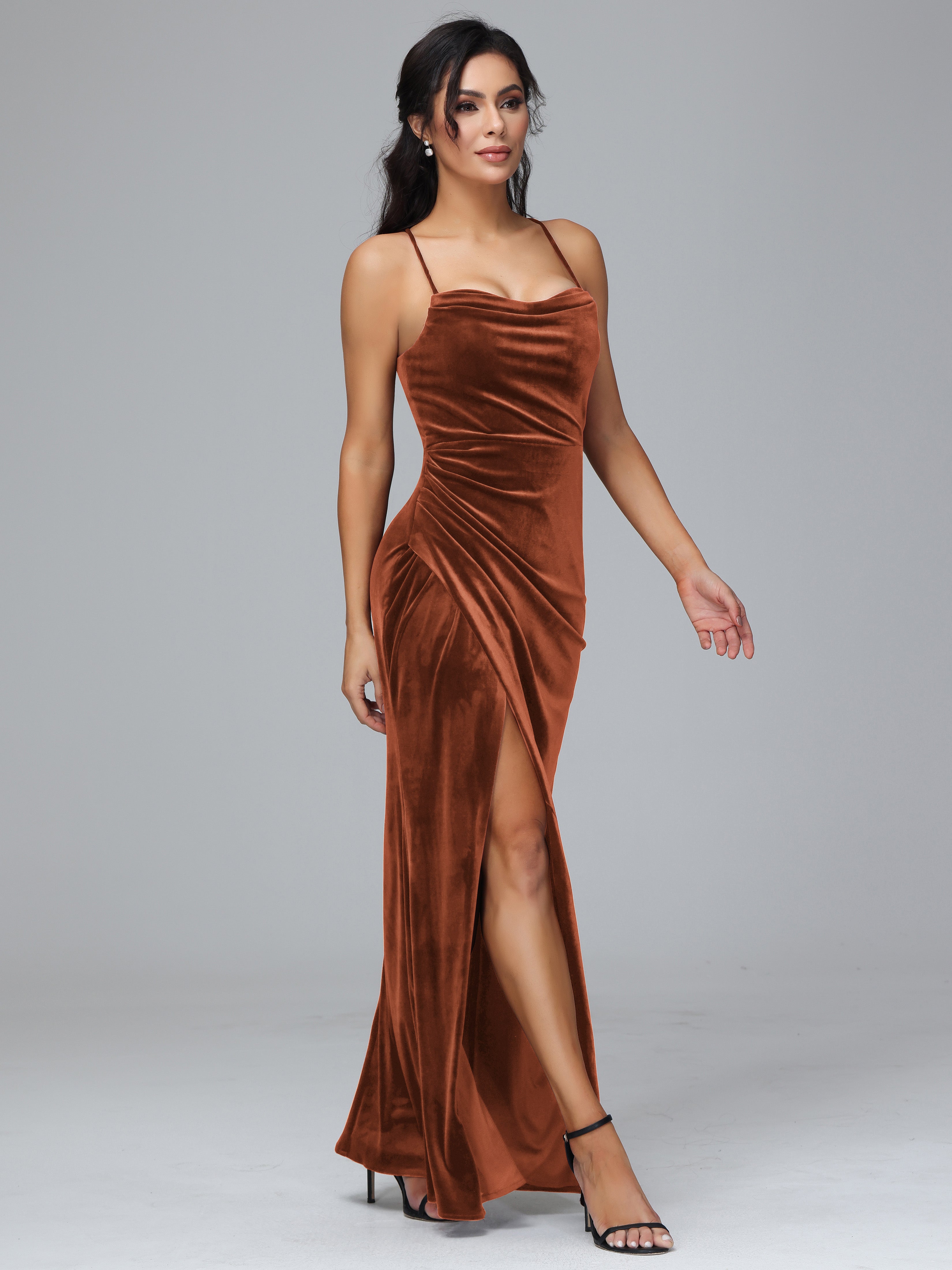 Spaghetti Straps Lace Up Plus Size Velvet Bridesmaid Dress With Slit