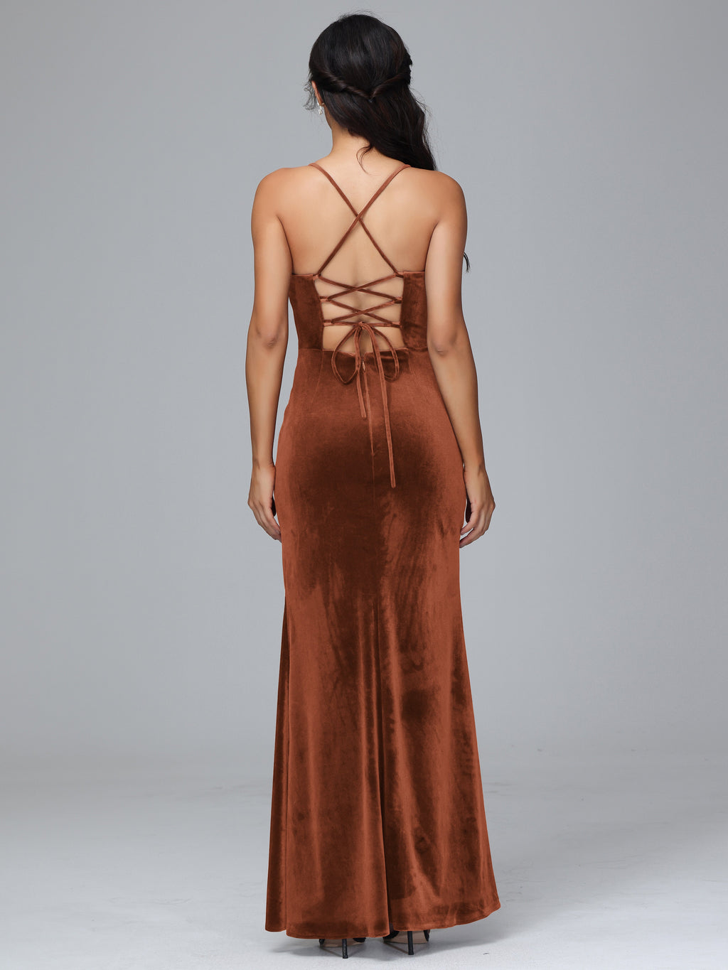 Spaghetti Straps Lace Up Plus Size Velvet Bridesmaid Dress With Slit
