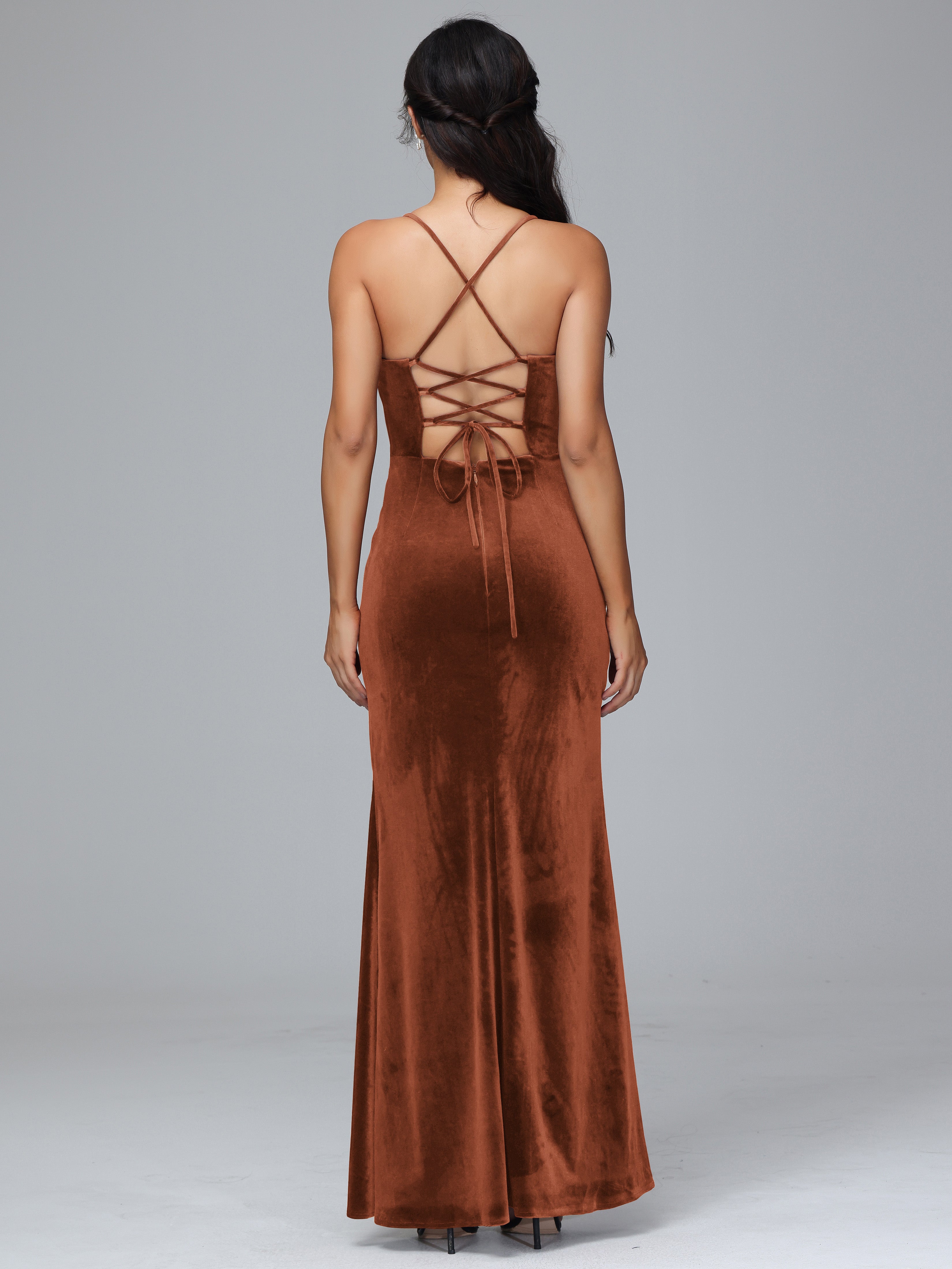 Spaghetti Straps Lace Up Plus Size Velvet Bridesmaid Dress With Slit