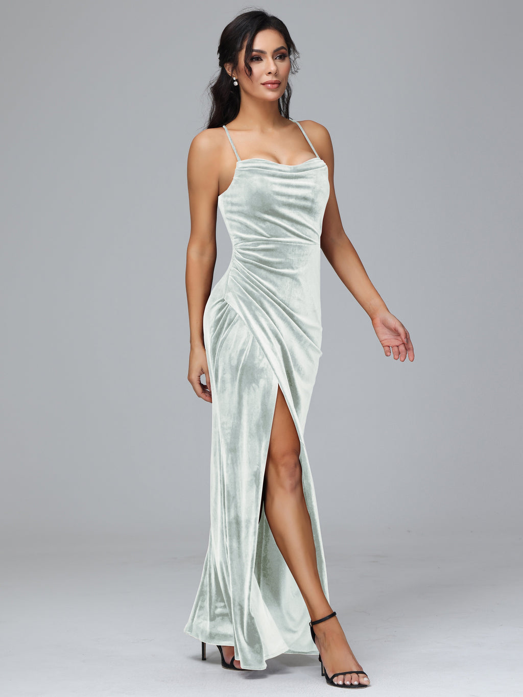 Spaghetti Straps Lace Up Plus Size Velvet Bridesmaid Dress With Slit