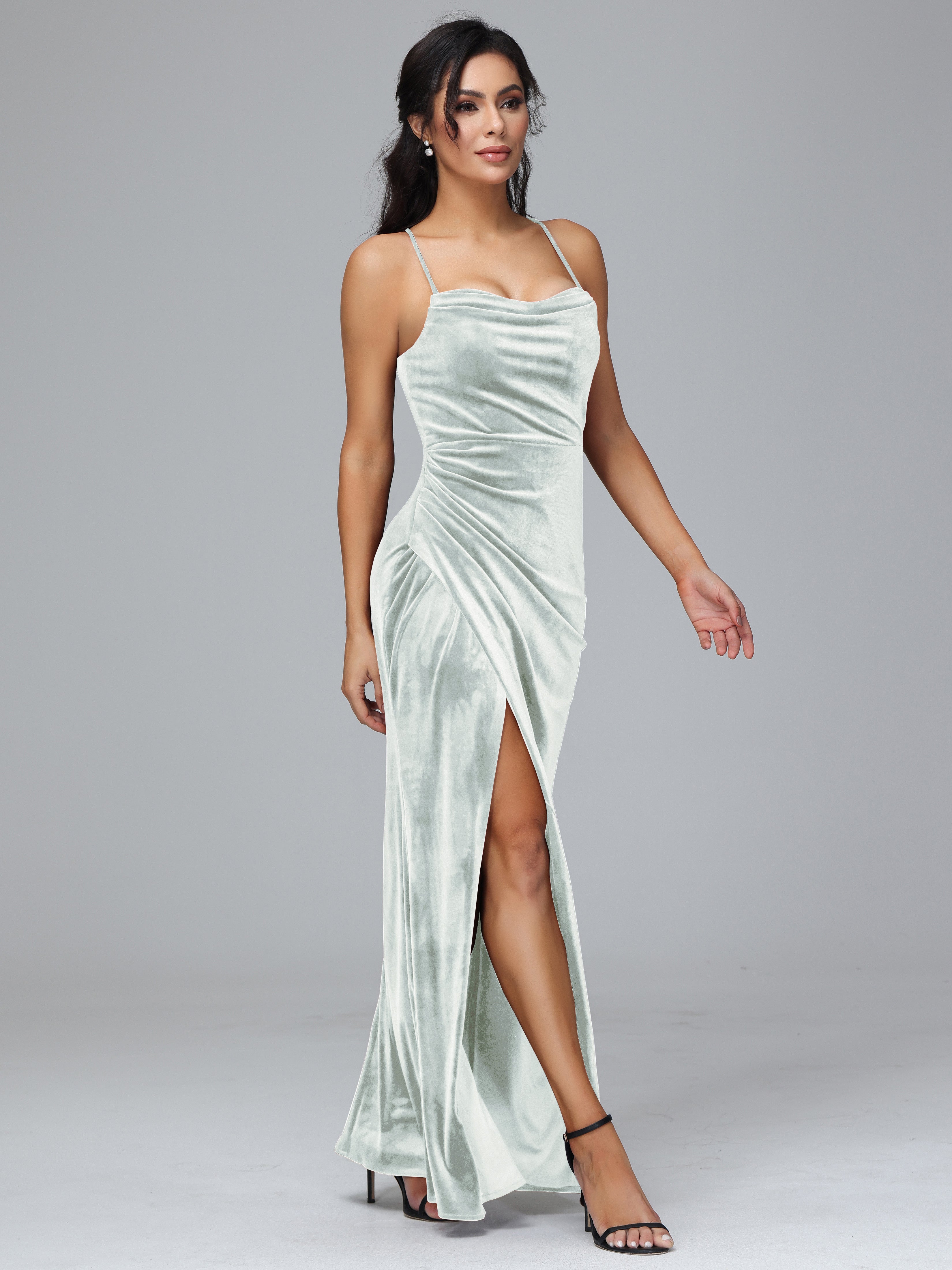Spaghetti Straps Lace Up Plus Size Velvet Bridesmaid Dress With Slit
