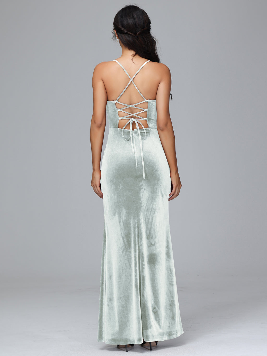 Spaghetti Straps Lace Up Velvet Bridesmaid Dress With Slit