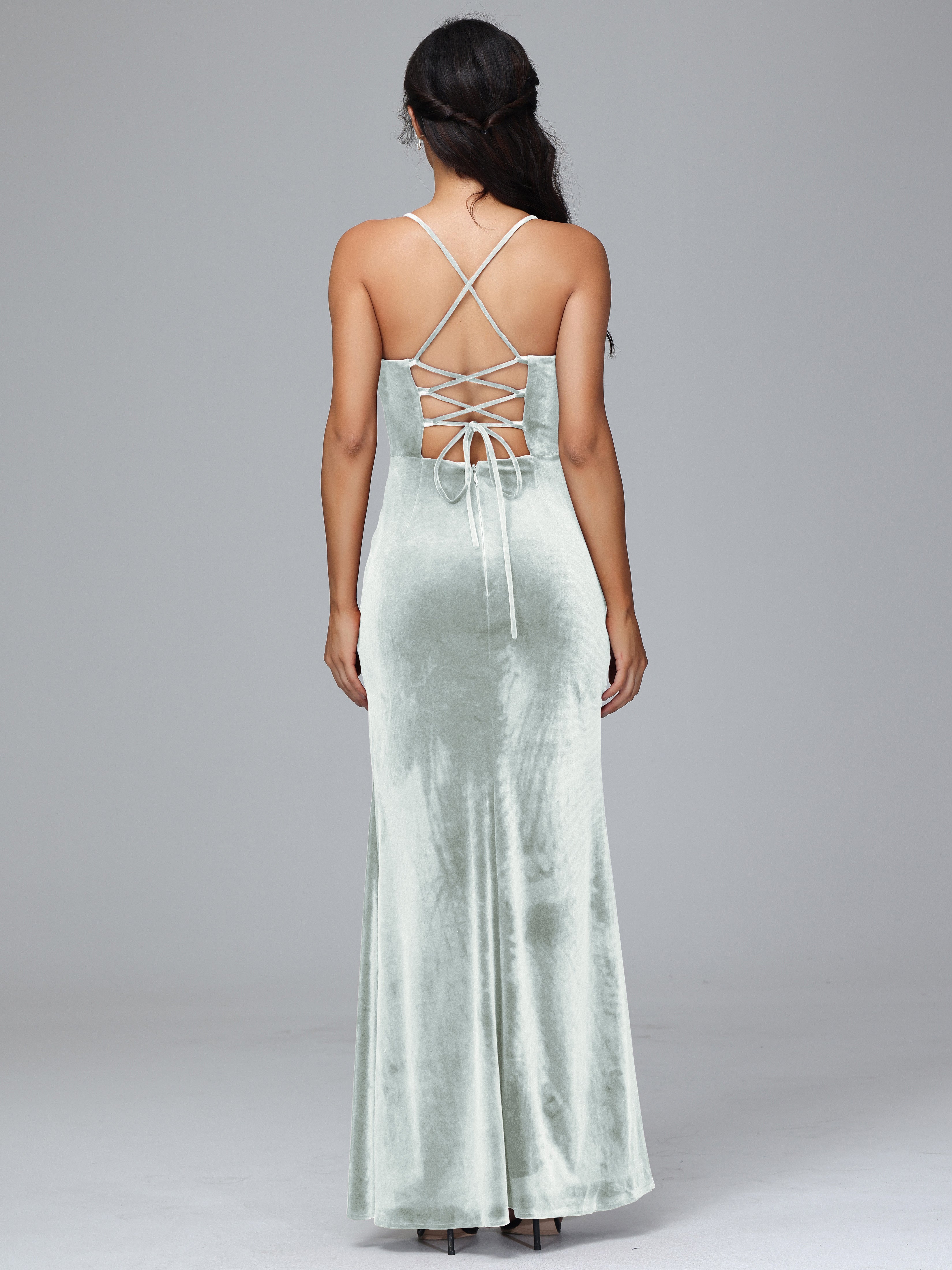 Spaghetti Straps Lace Up Velvet Bridesmaid Dress With Slit