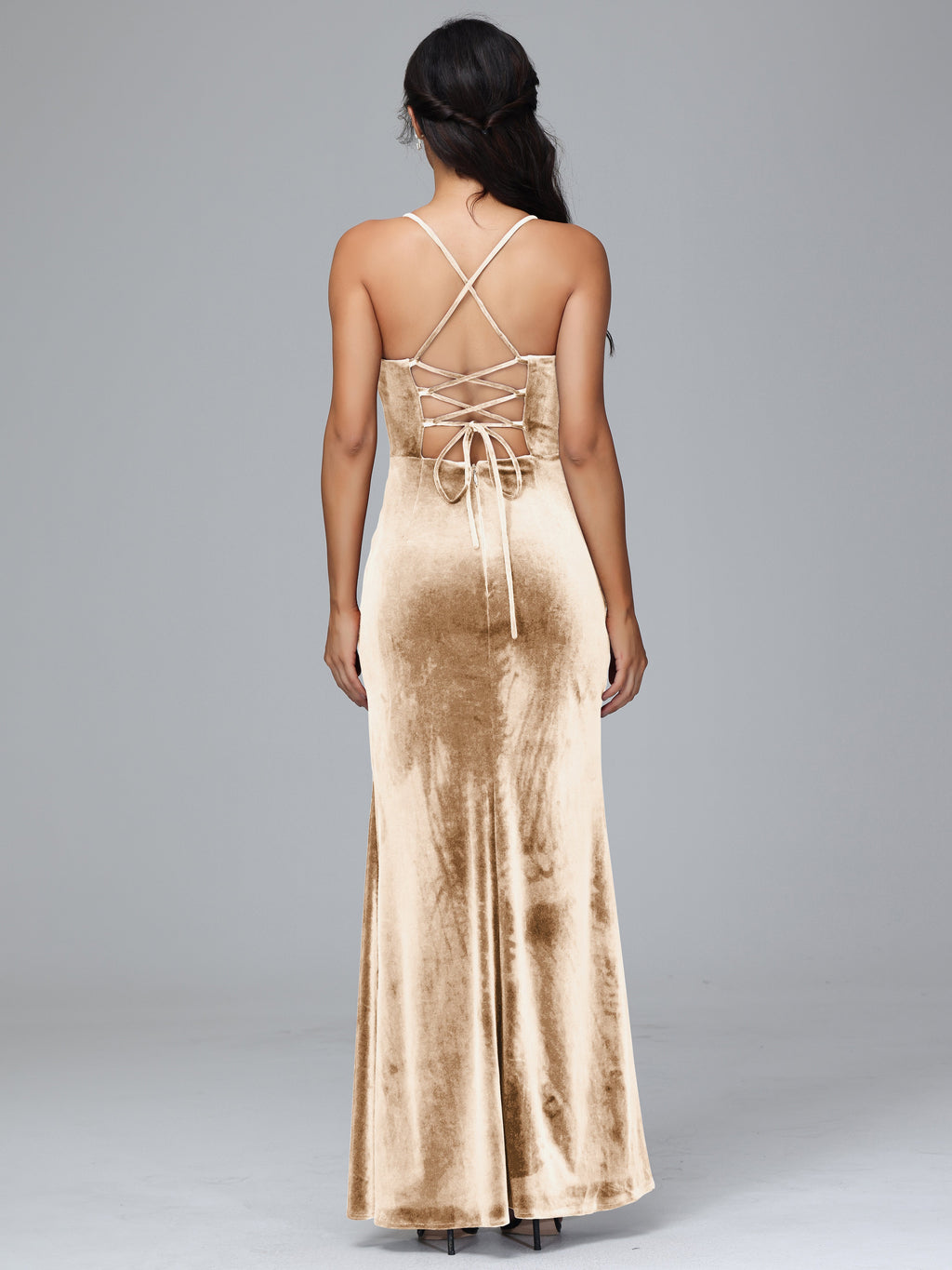 Spaghetti Straps Lace Up Velvet Bridesmaid Dress With Slit