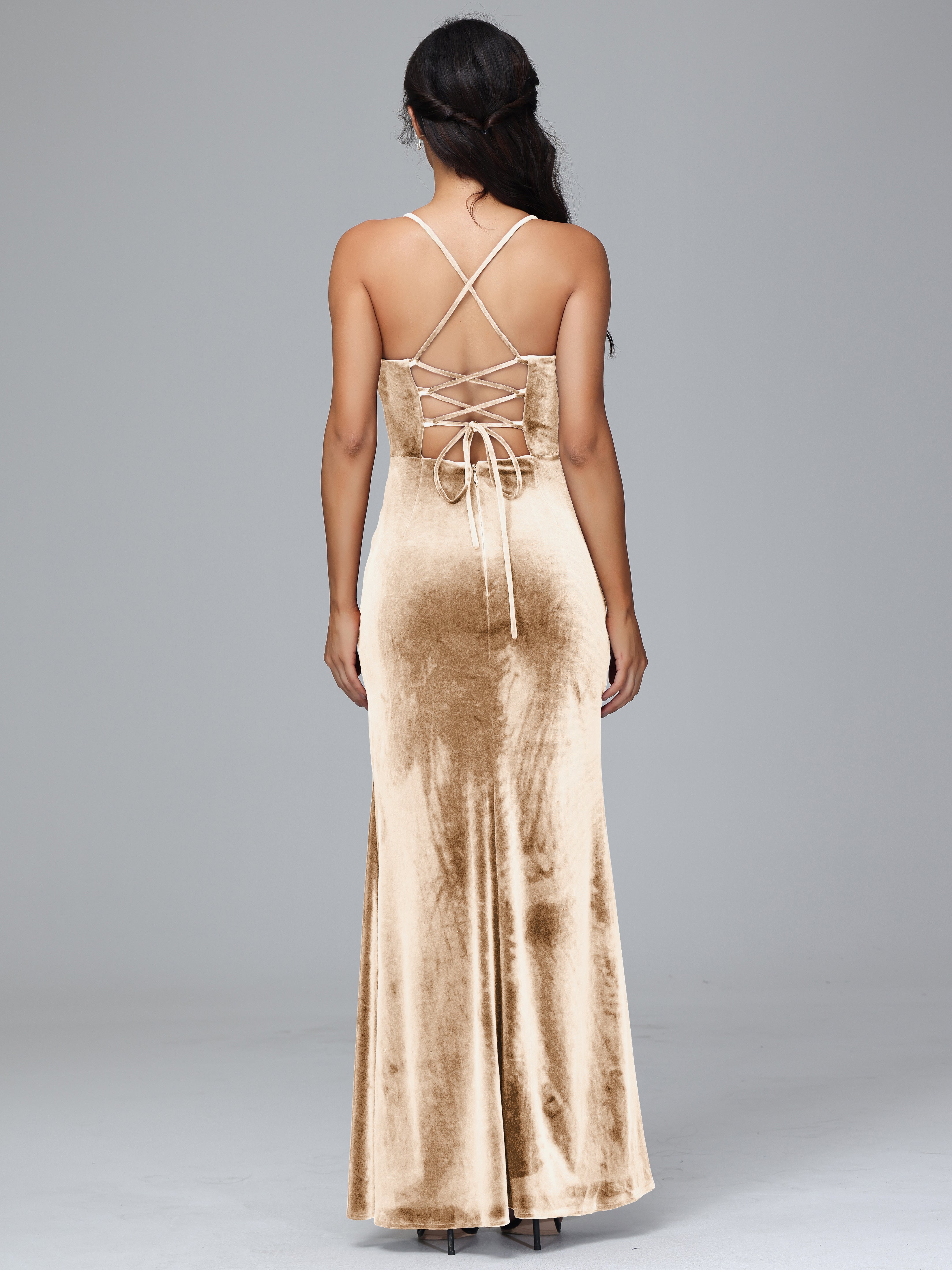 Spaghetti Straps Lace Up Velvet Bridesmaid Dress With Slit