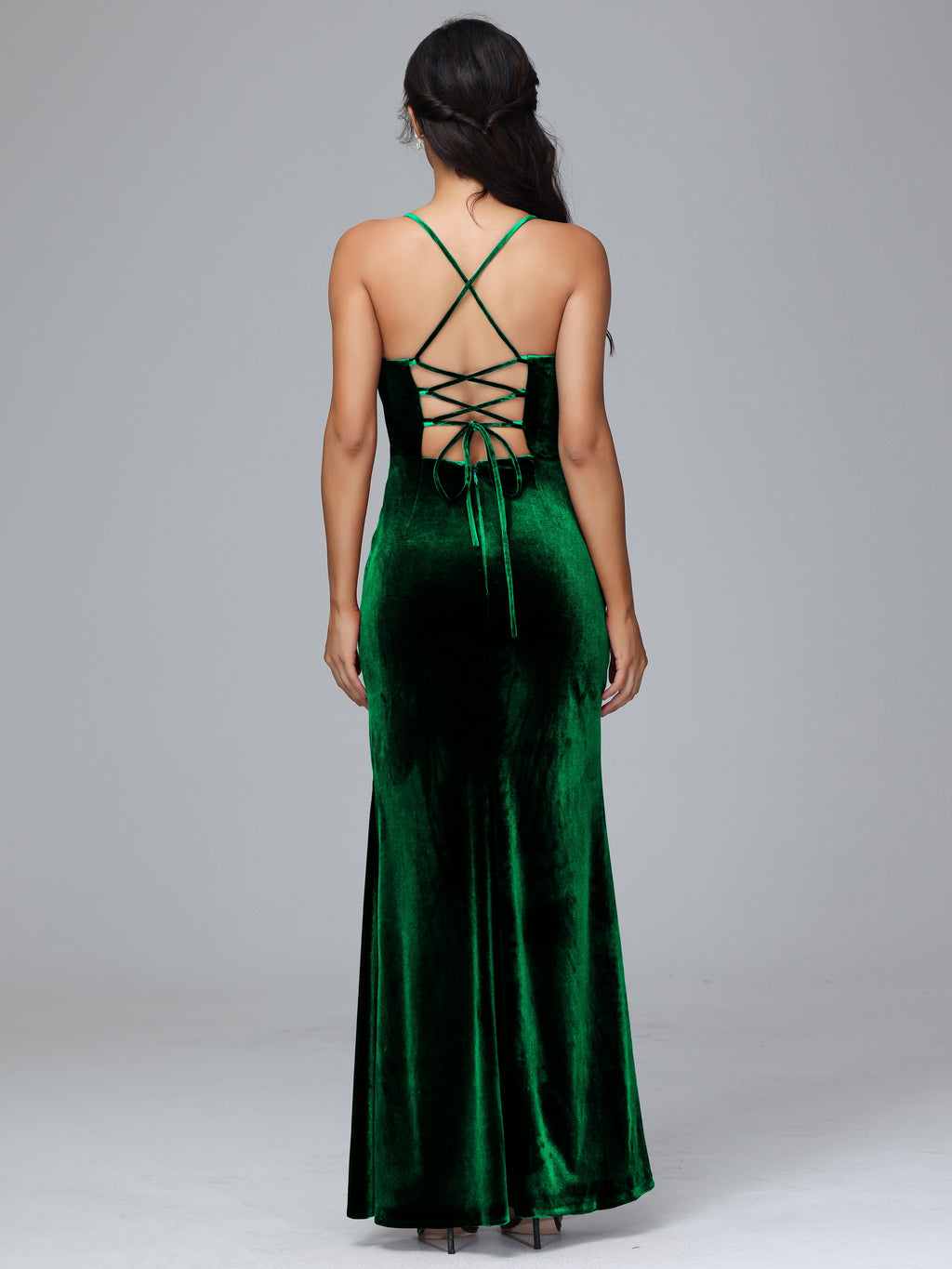 Spaghetti Straps Lace Up Velvet Bridesmaid Dress With Slit