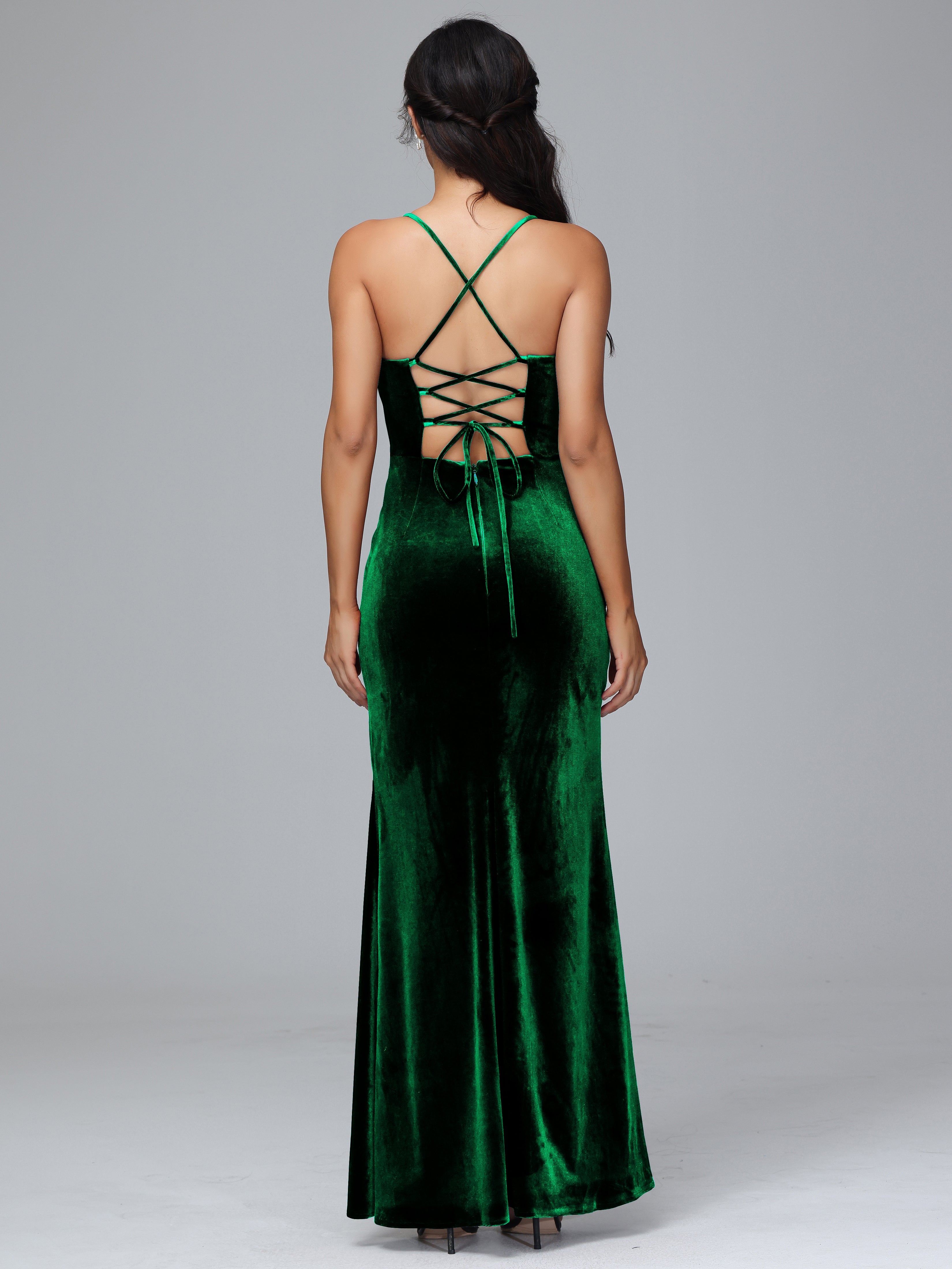 Spaghetti Straps Lace Up Velvet Bridesmaid Dress With Slit