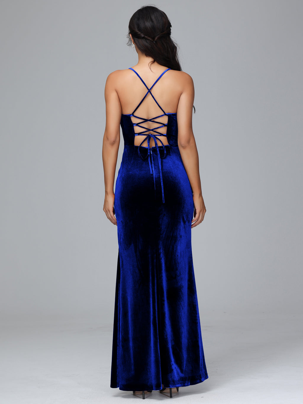 Spaghetti Straps Lace Up Velvet Bridesmaid Dress With Slit