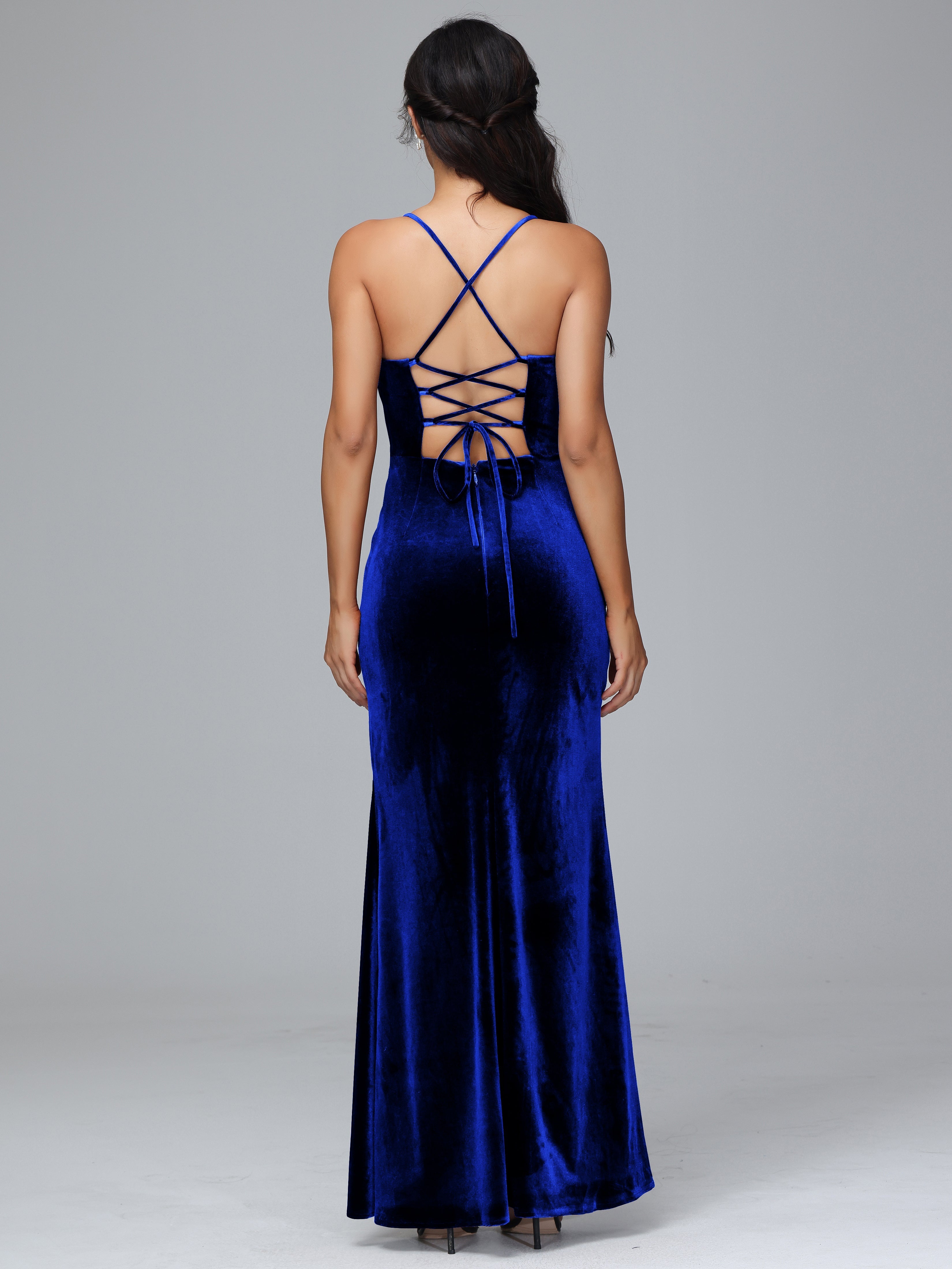 Spaghetti Straps Lace Up Plus Size Velvet Bridesmaid Dress With Slit