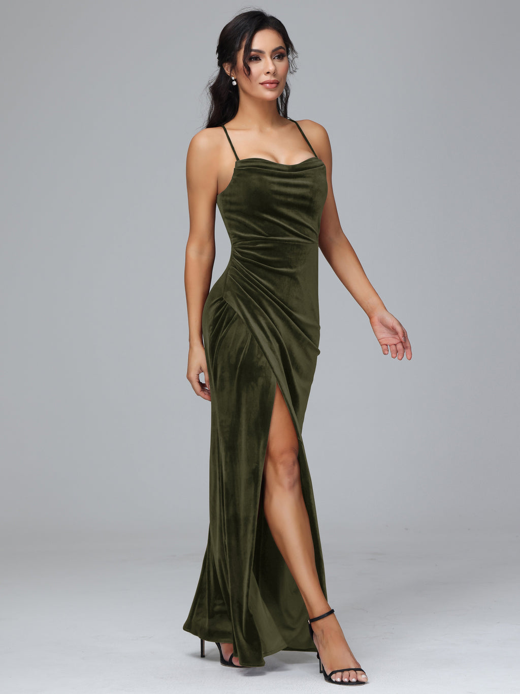 Spaghetti Straps Lace Up Velvet Bridesmaid Dress With Slit