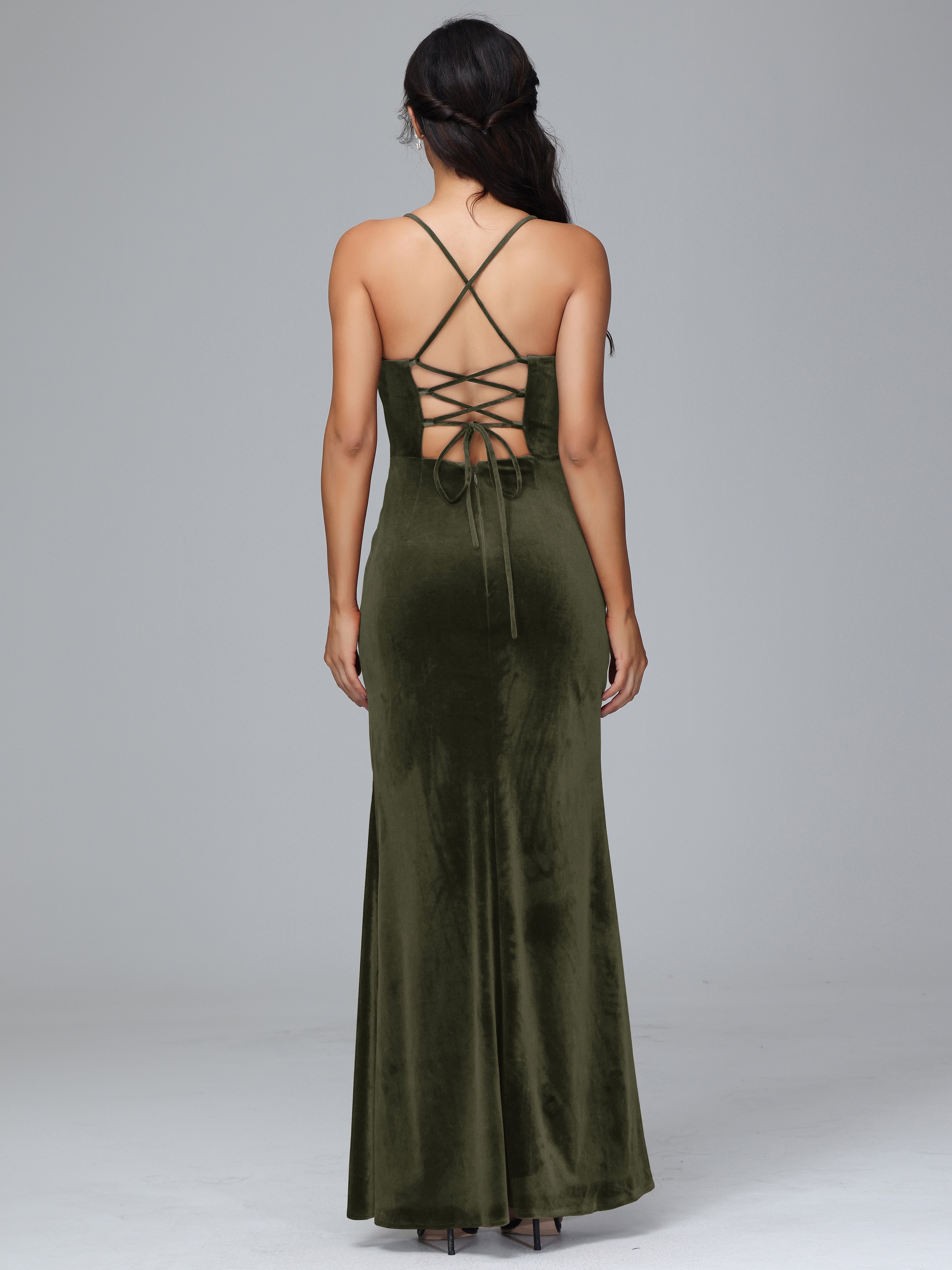 Spaghetti Straps Lace Up Velvet Bridesmaid Dress With Slit