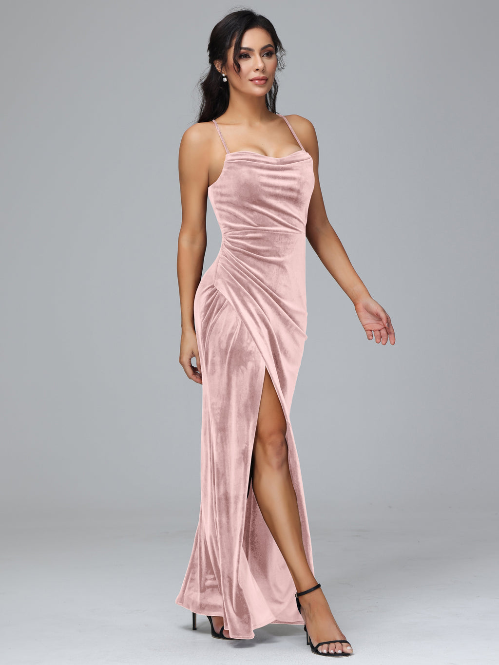 Spaghetti Straps Lace Up Velvet Bridesmaid Dress With Slit