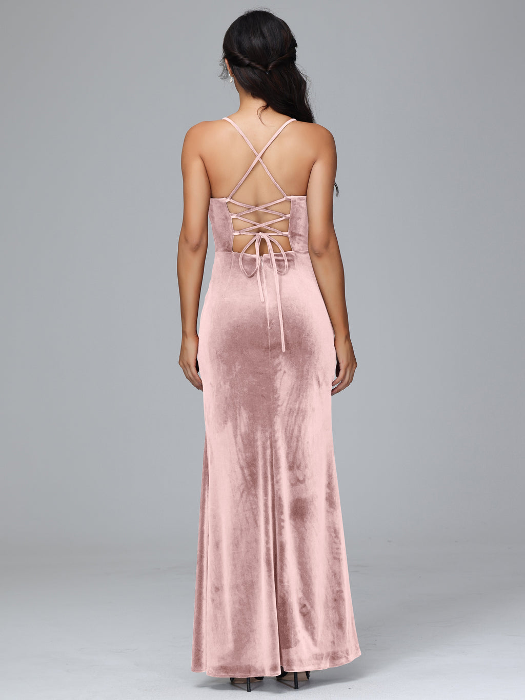 Spaghetti Straps Lace Up Velvet Bridesmaid Dress With Slit