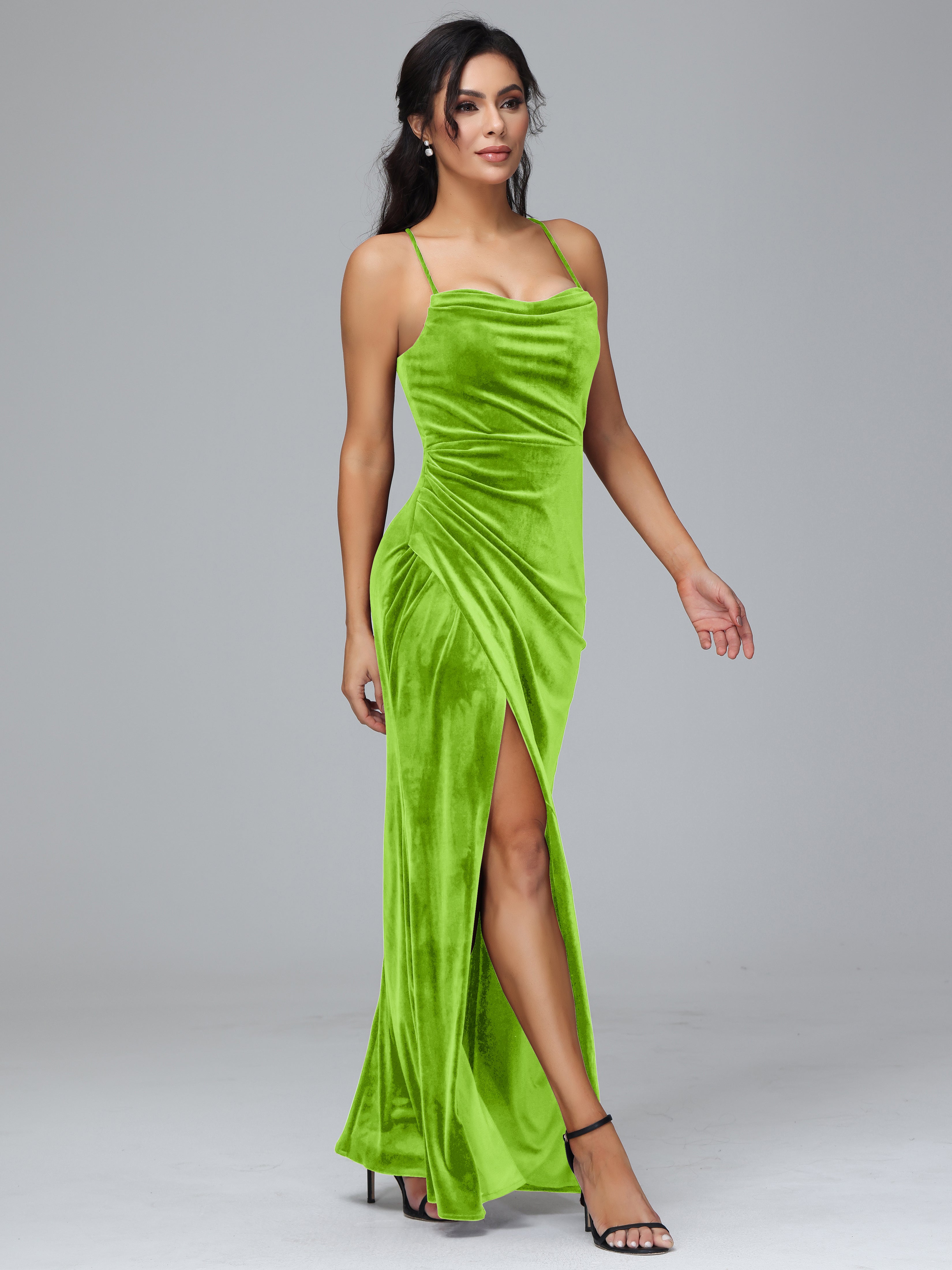 Spaghetti Straps Lace Up Plus Size Velvet Bridesmaid Dress With Slit