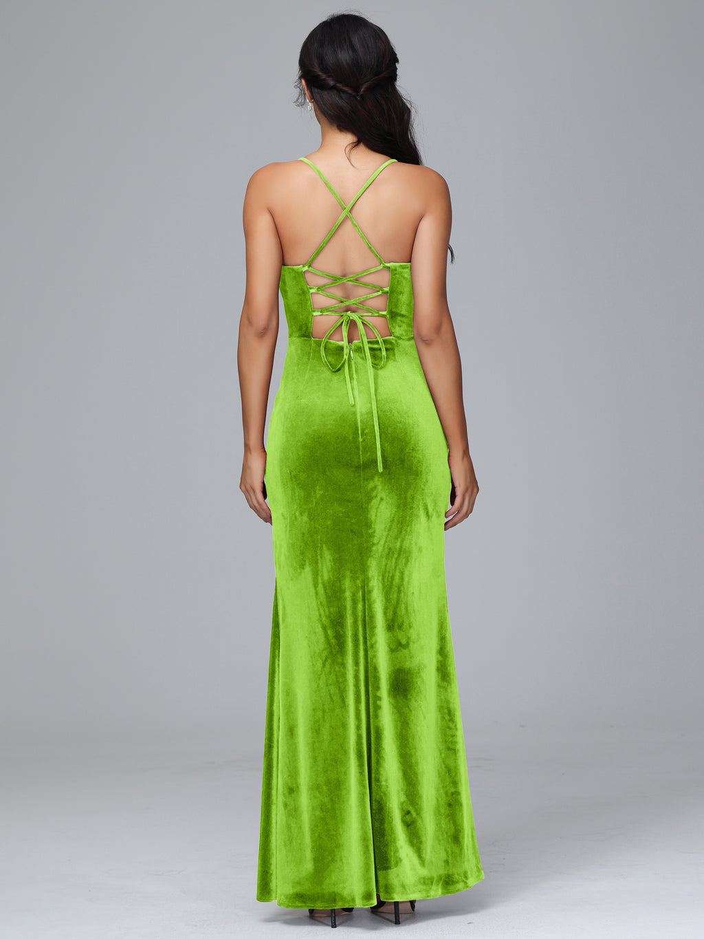 Spaghetti Straps Lace Up Velvet Bridesmaid Dress With Slit