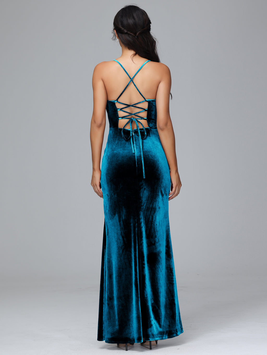 Spaghetti Straps Lace Up Velvet Bridesmaid Dress With Slit
