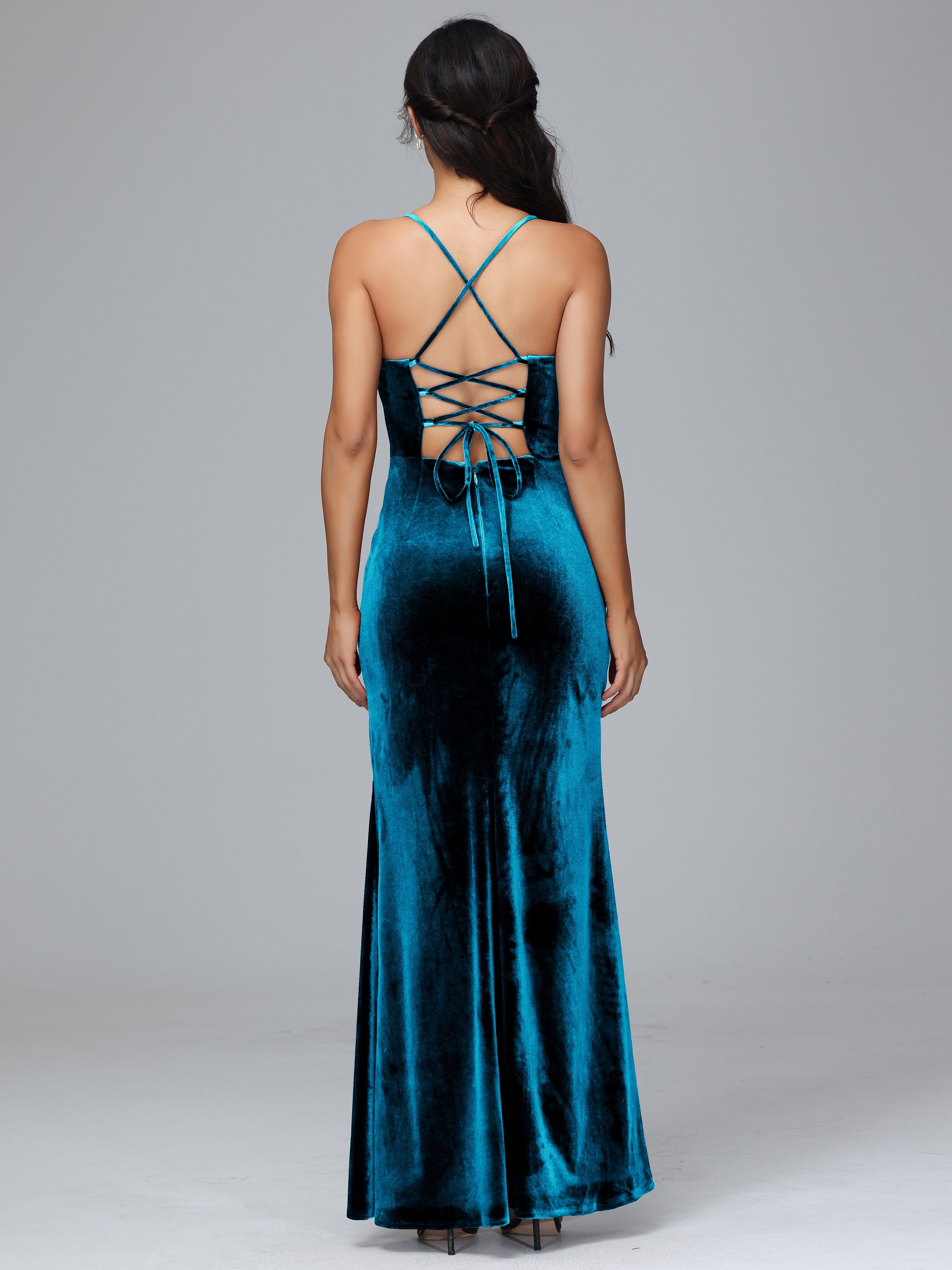 Spaghetti Straps Lace Up Velvet Bridesmaid Dress With Slit