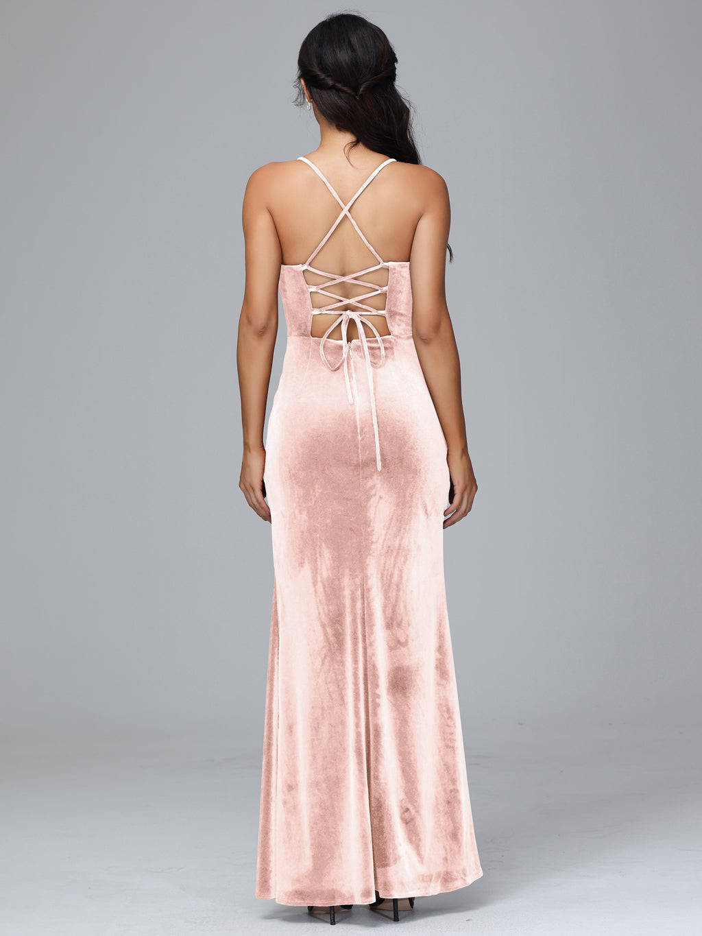 Spaghetti Straps Lace Up Plus Size Velvet Bridesmaid Dress With Slit
