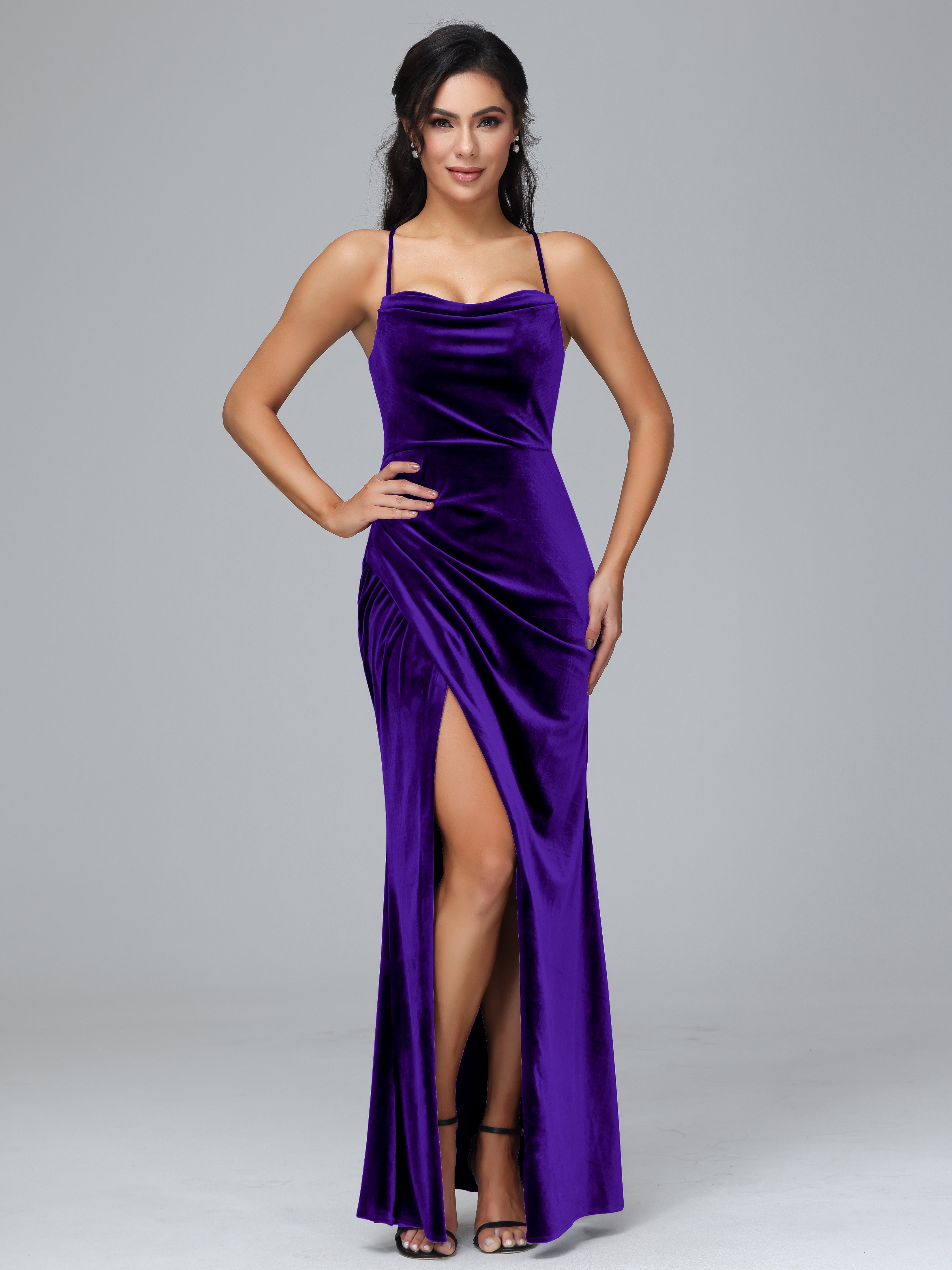 Spaghetti Straps Lace Up Plus Size Velvet Bridesmaid Dress With Slit