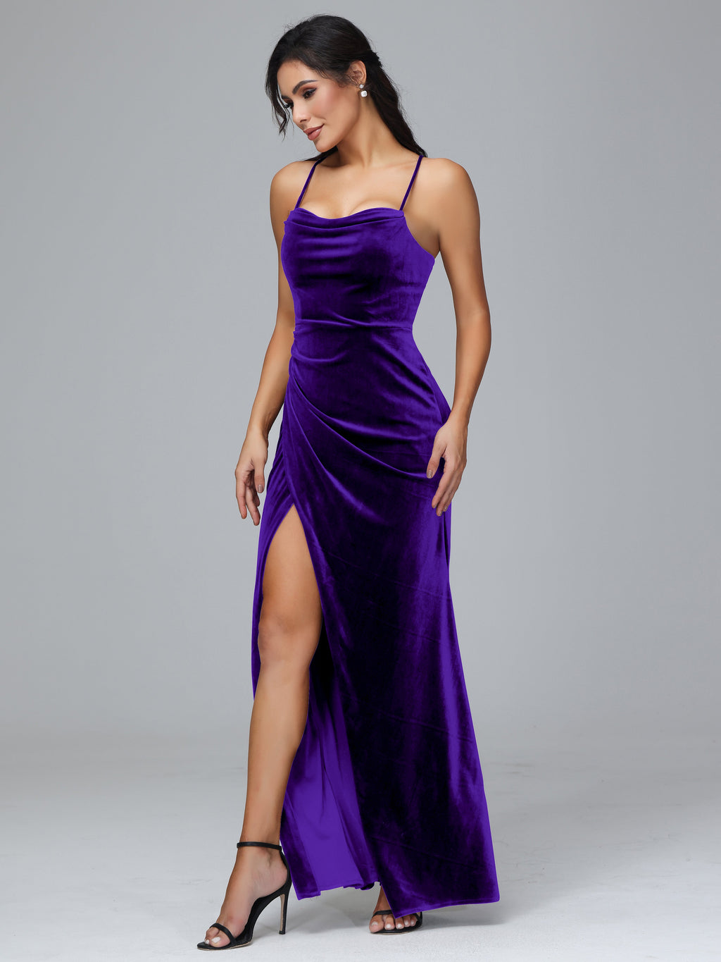 Spaghetti Straps Lace Up Velvet Bridesmaid Dress With Slit