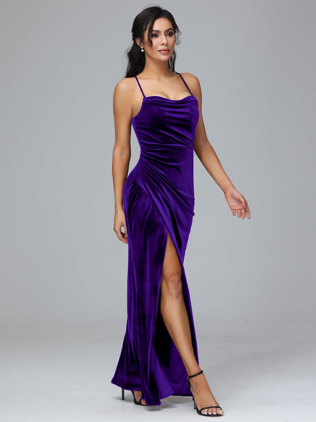 Spaghetti Straps Lace Up Velvet Bridesmaid Dress With Slit