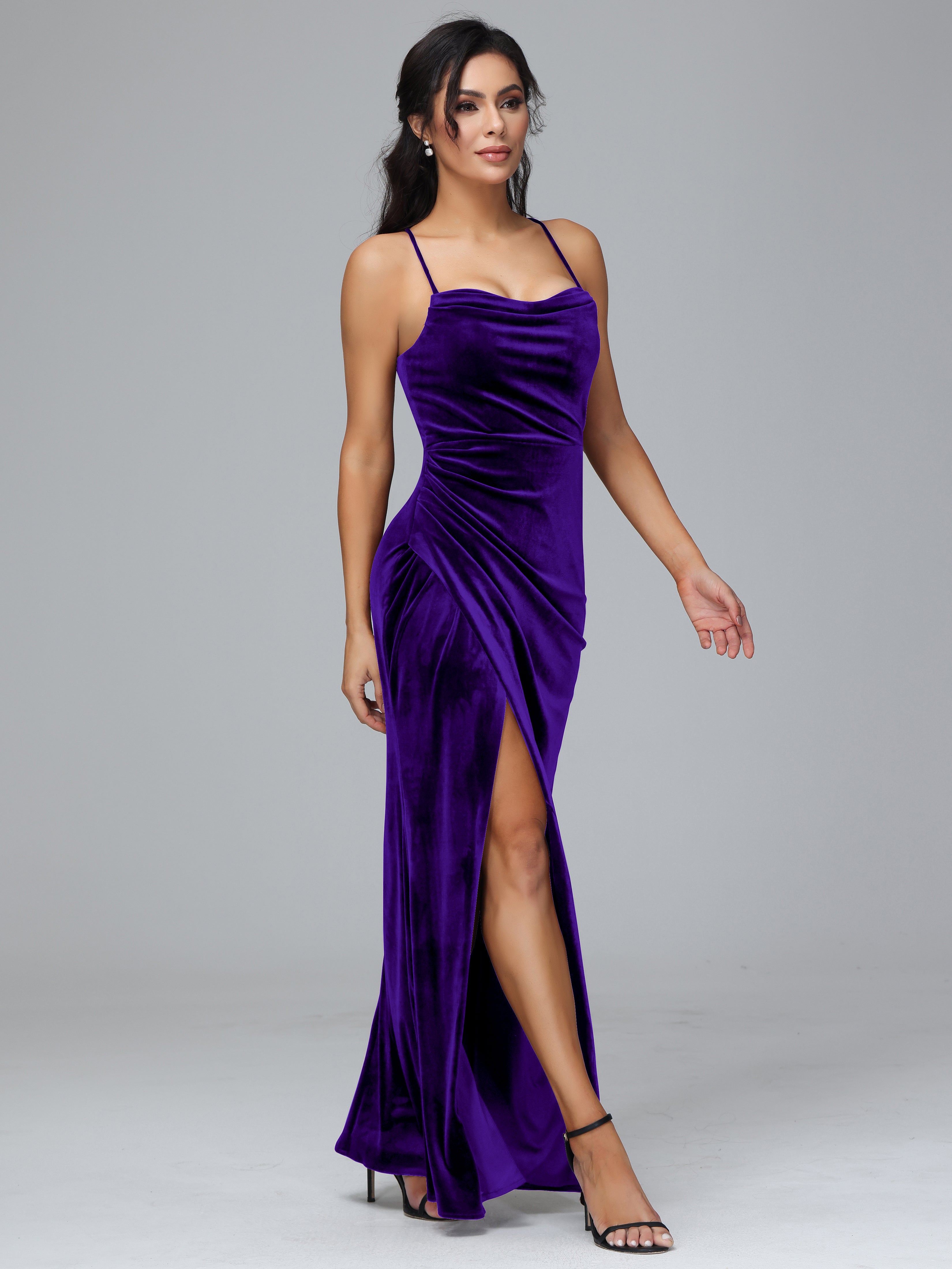 Spaghetti Straps Lace Up Plus Size Velvet Bridesmaid Dress With Slit