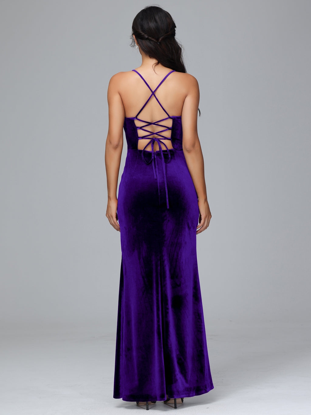 Spaghetti Straps Lace Up Plus Size Velvet Bridesmaid Dress With Slit
