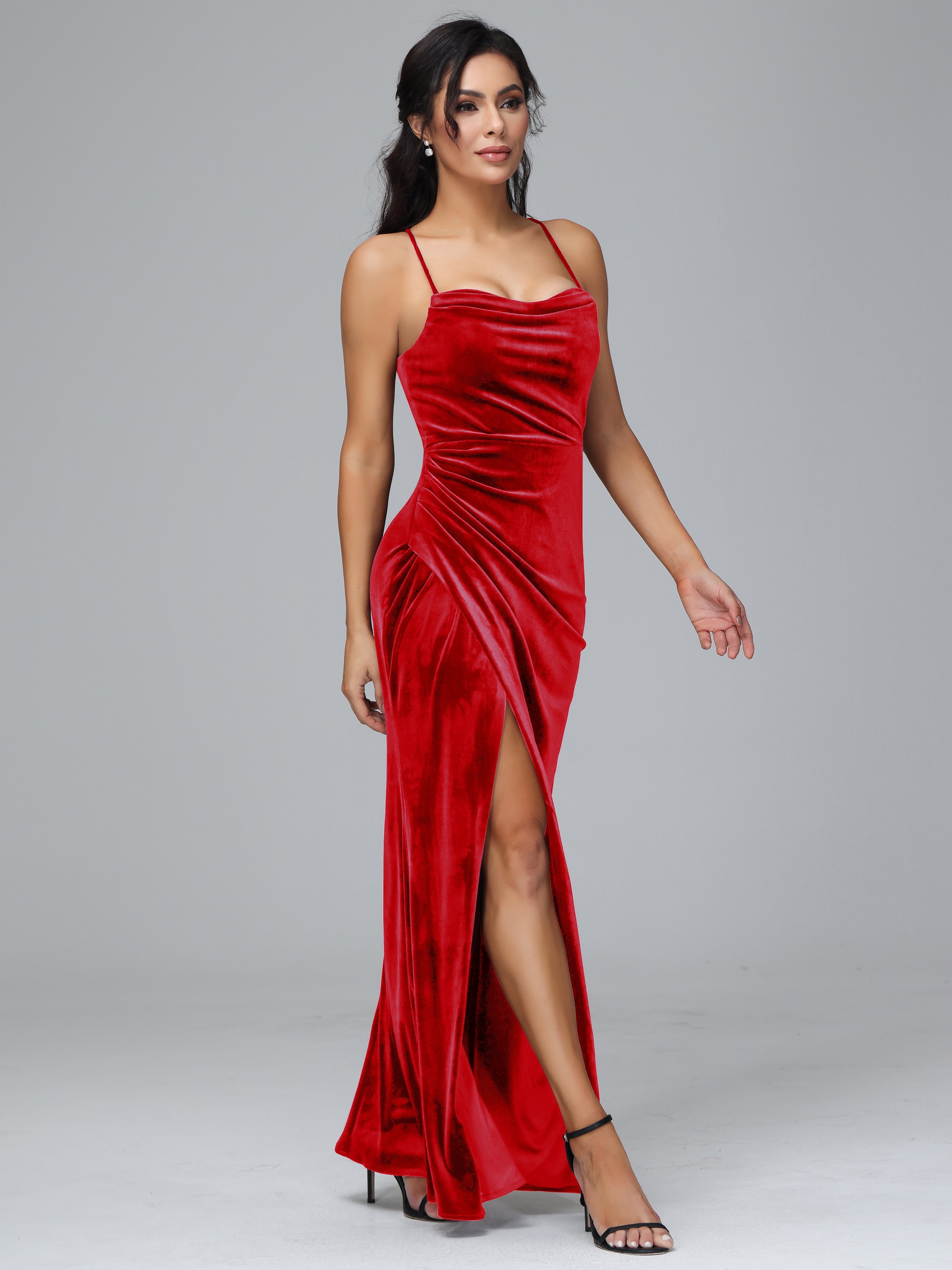 Spaghetti Straps Lace Up Plus Size Velvet Bridesmaid Dress With Slit