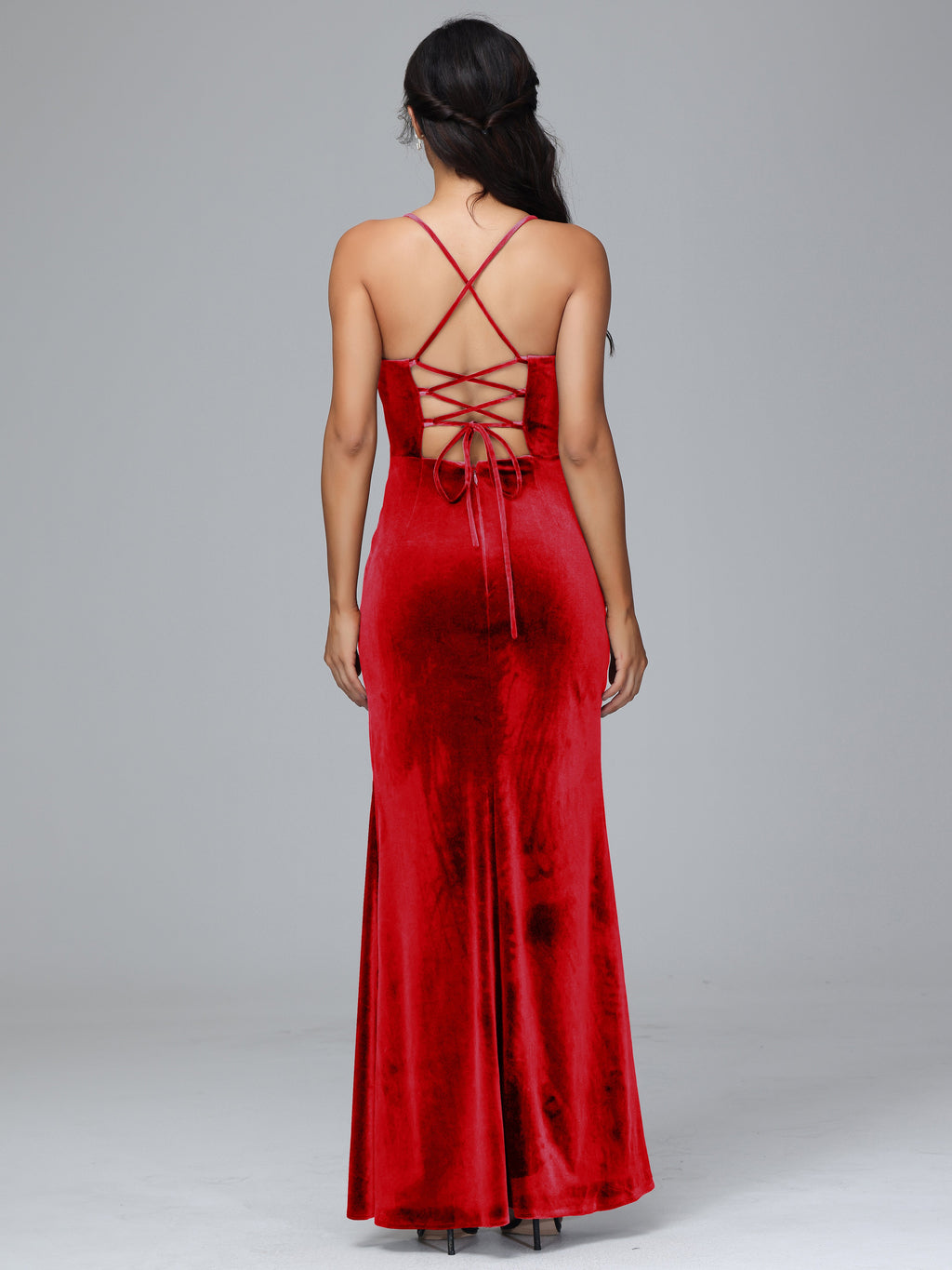 Spaghetti Straps Lace Up Velvet Bridesmaid Dress With Slit