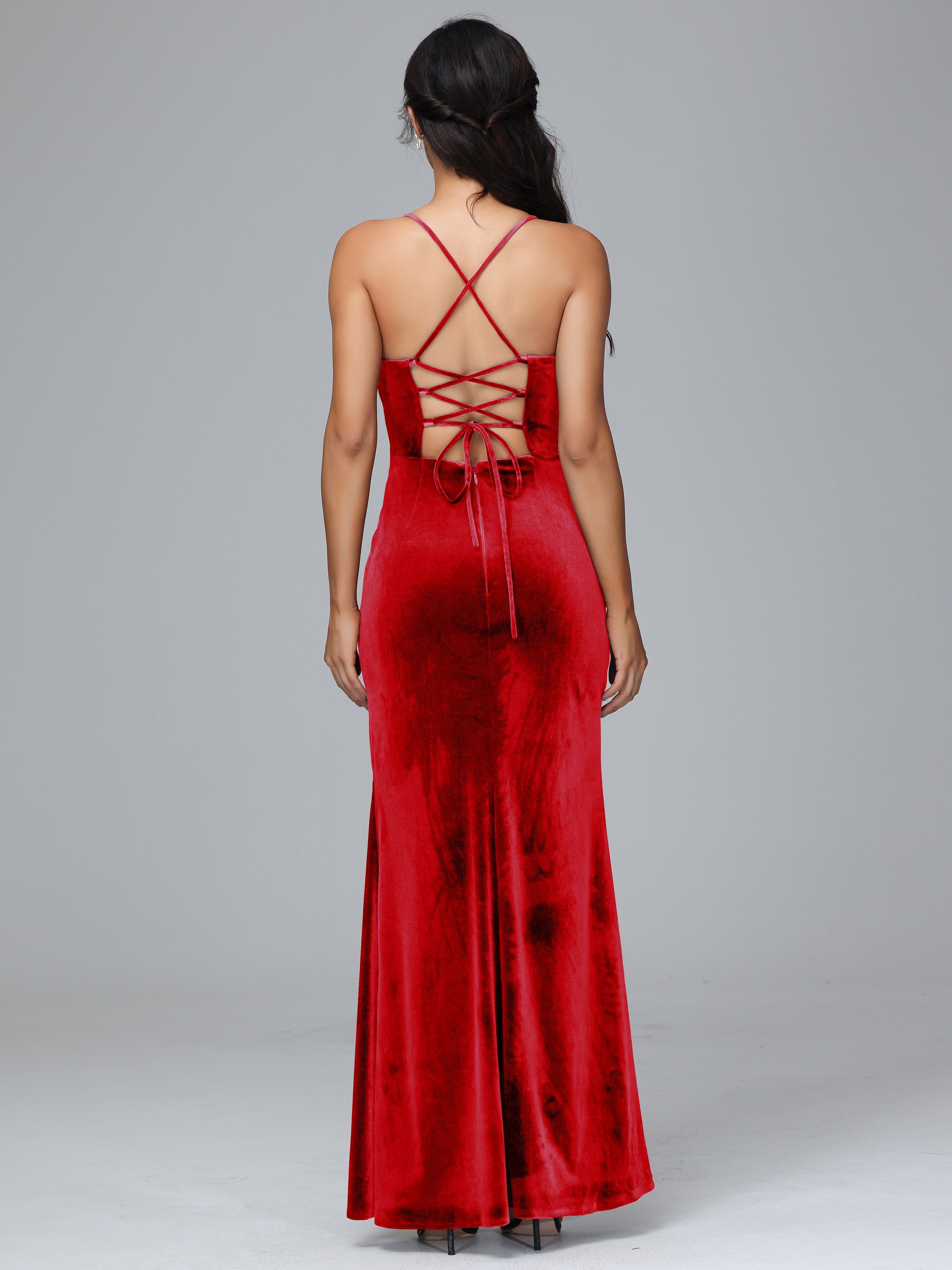 Spaghetti Straps Lace Up Plus Size Velvet Bridesmaid Dress With Slit