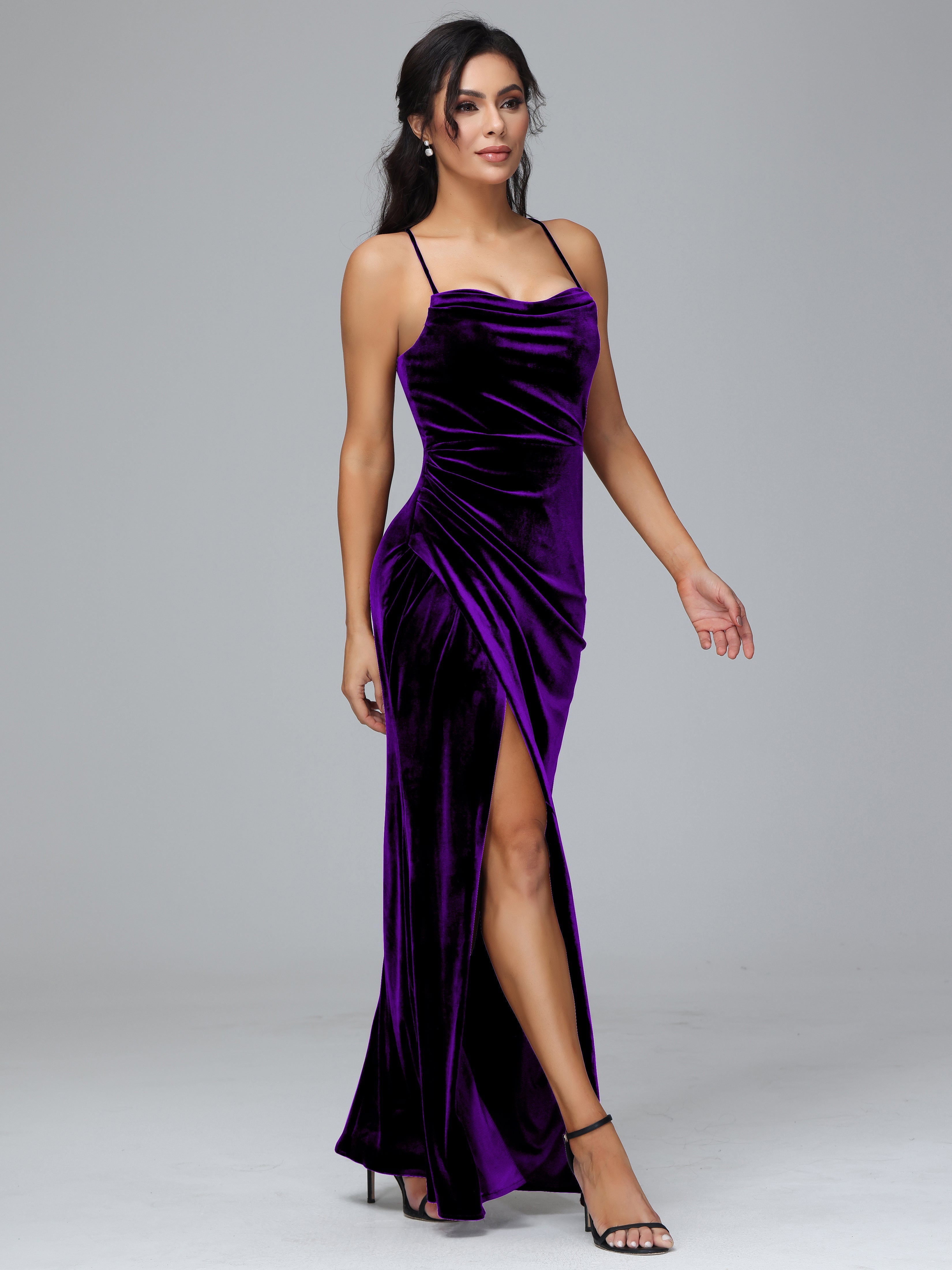Spaghetti Straps Lace Up Velvet Bridesmaid Dress With Slit