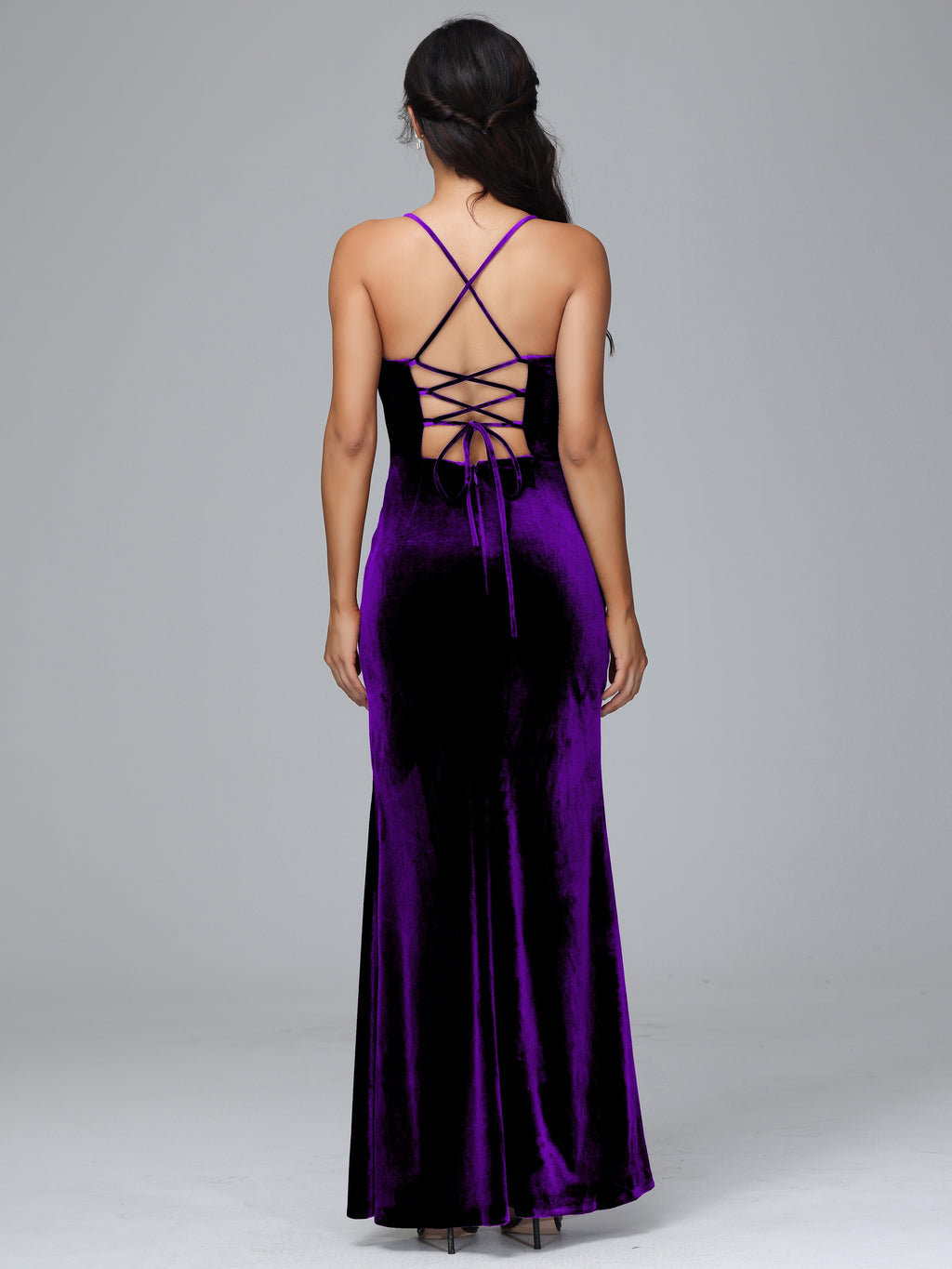 Spaghetti Straps Lace Up Plus Size Velvet Bridesmaid Dress With Slit
