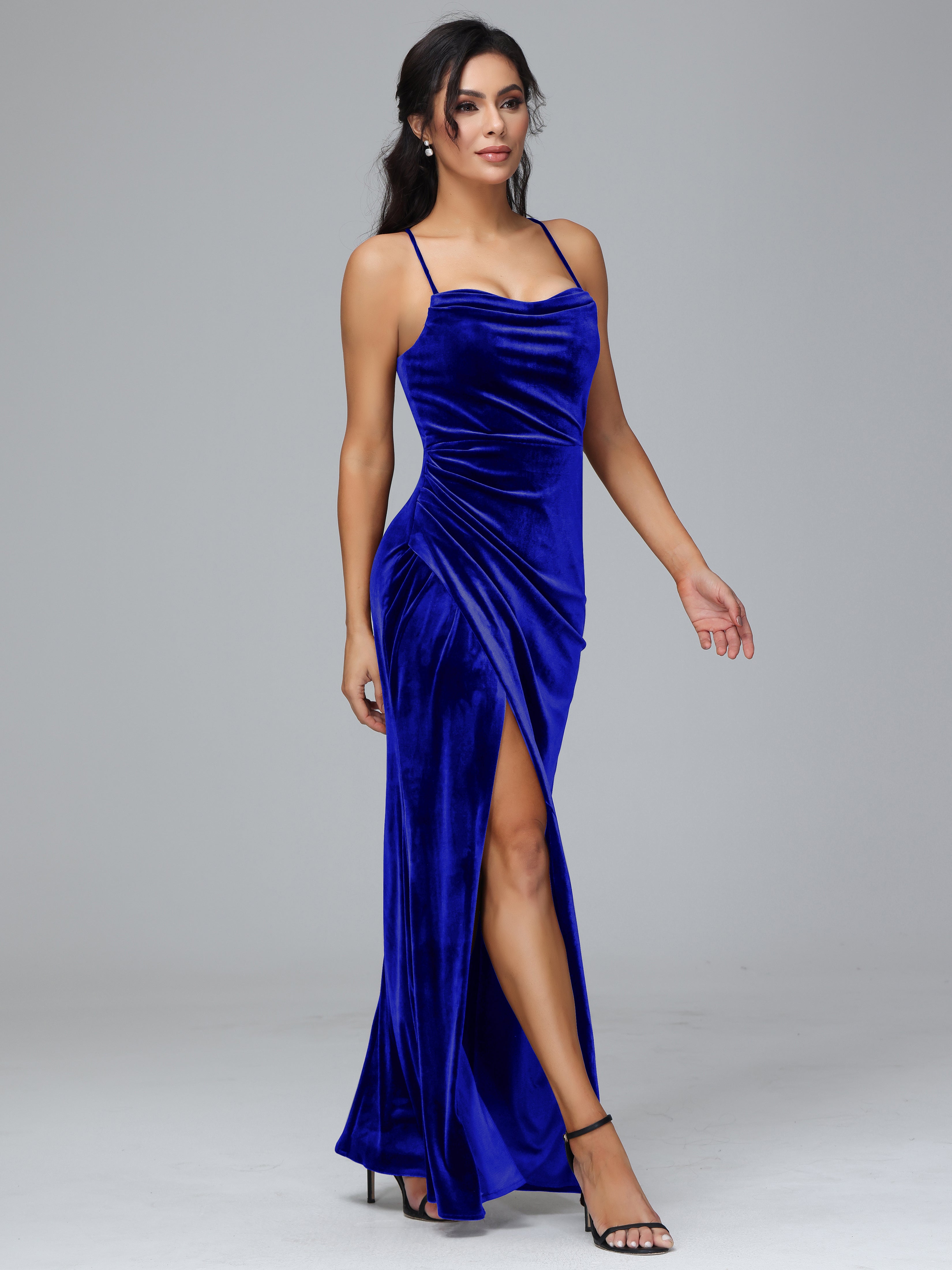 Spaghetti Straps Lace Up Plus Size Velvet Bridesmaid Dress With Slit