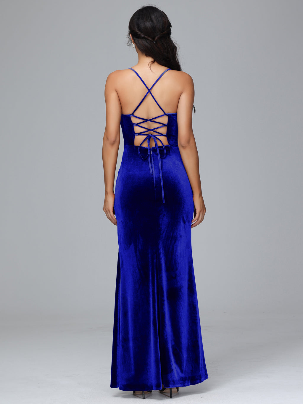 Spaghetti Straps Lace Up Plus Size Velvet Bridesmaid Dress With Slit