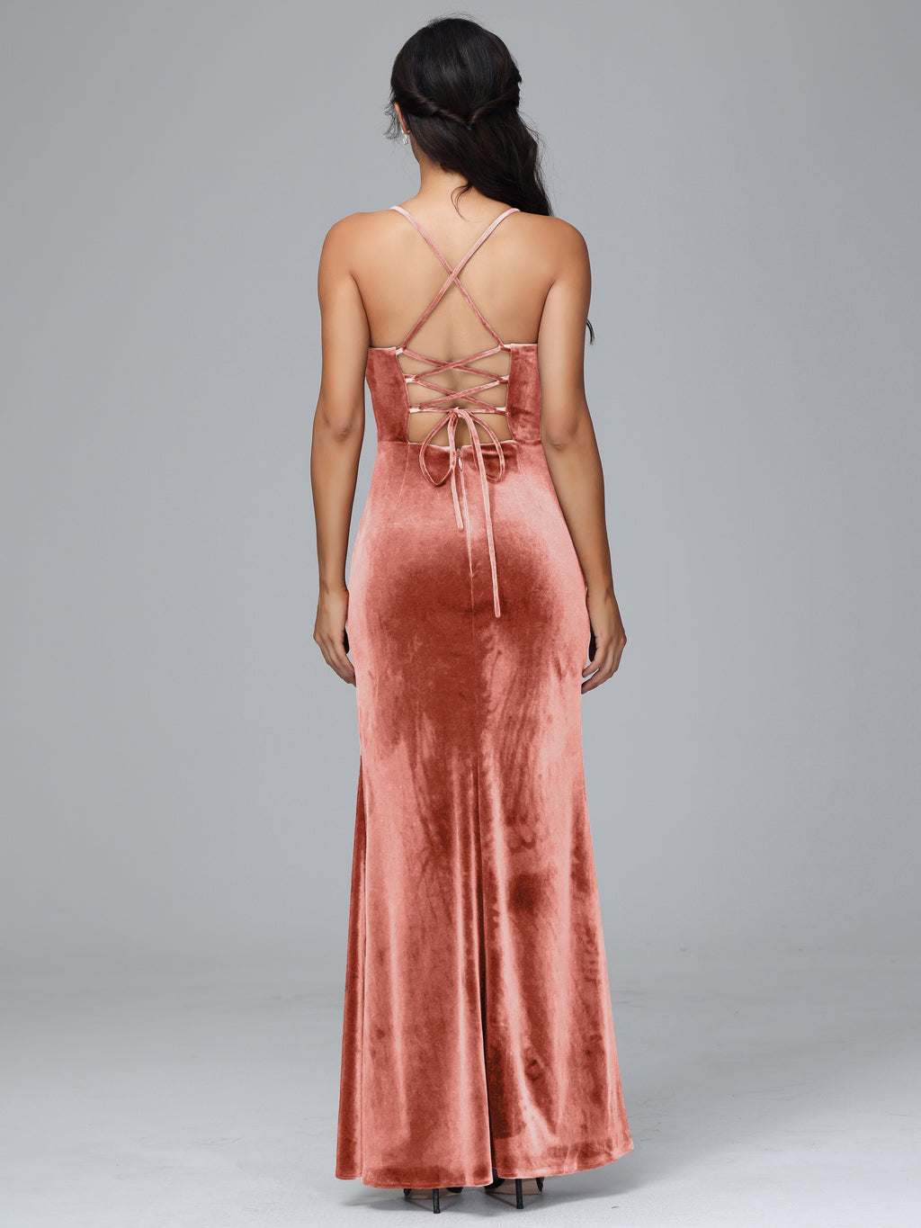 Spaghetti Straps Lace Up Plus Size Velvet Bridesmaid Dress With Slit