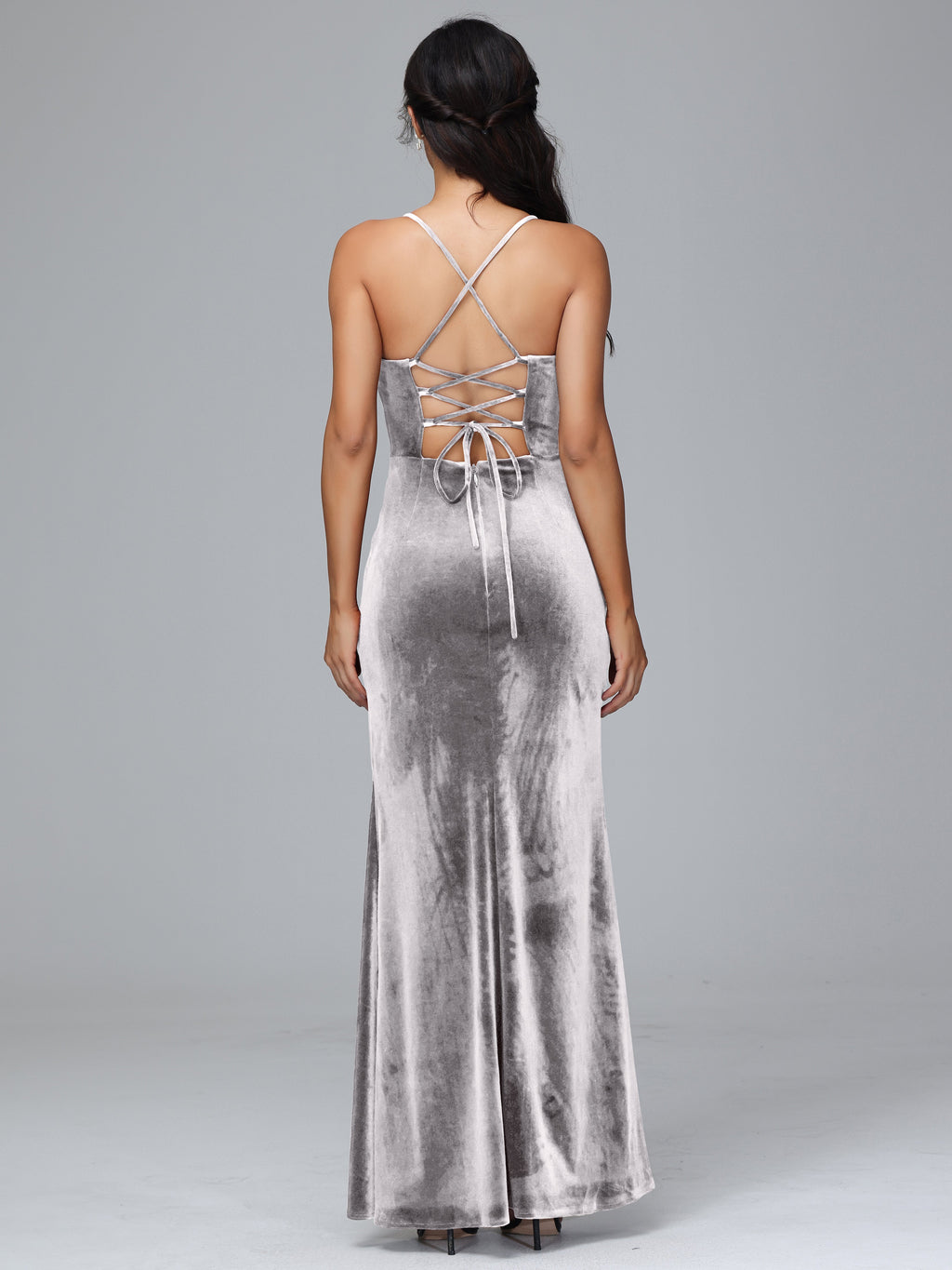 Spaghetti Straps Lace Up Plus Size Velvet Bridesmaid Dress With Slit