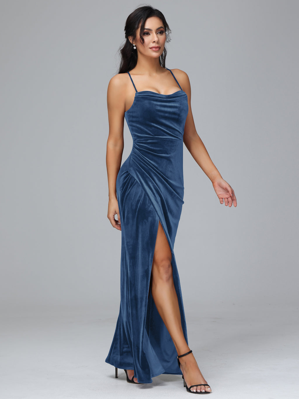 Spaghetti Straps Lace Up Plus Size Velvet Bridesmaid Dress With Slit
