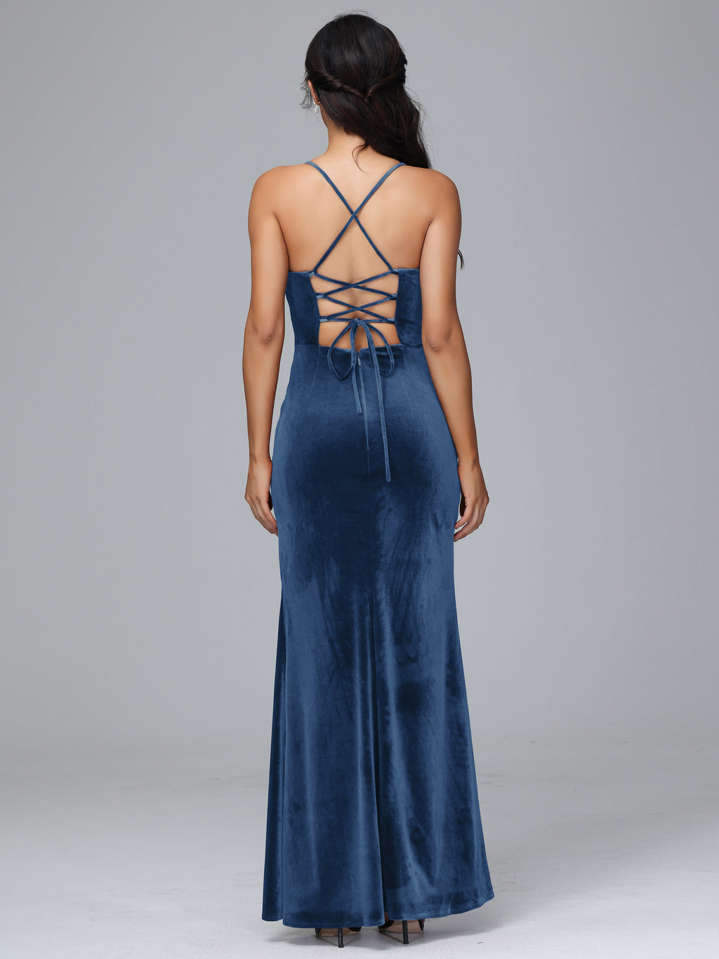 Spaghetti Straps Lace Up Velvet Bridesmaid Dress With Slit